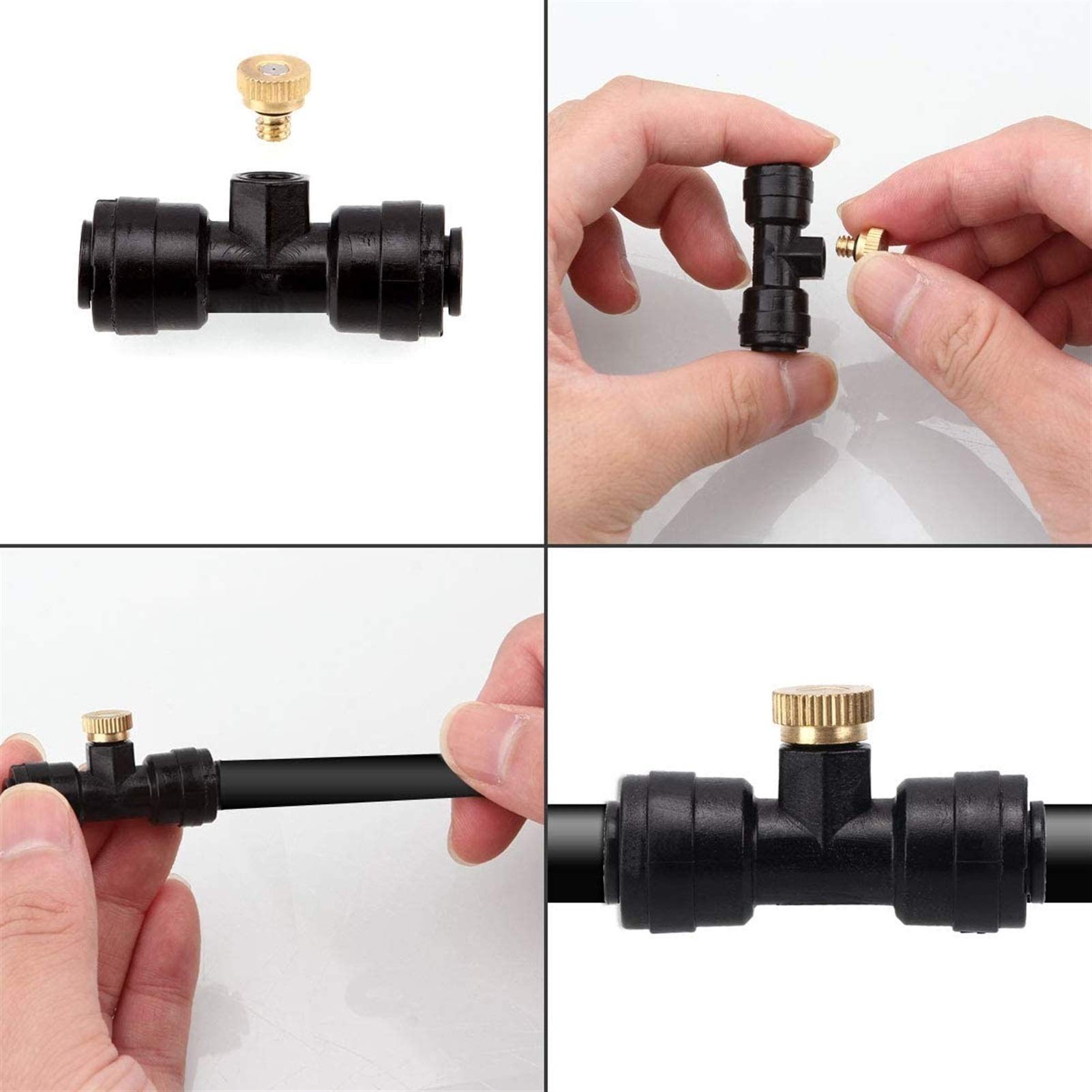 Zestaw dysz mosiężnych do systemów chłodzenia, dysze mosiężne z trójnikami 1/4'' Slip-Lock, dysze mgłowe do systemów tarasowych, systemów chłodzenia zewnętrznego, systemów nawadniania ogrodu