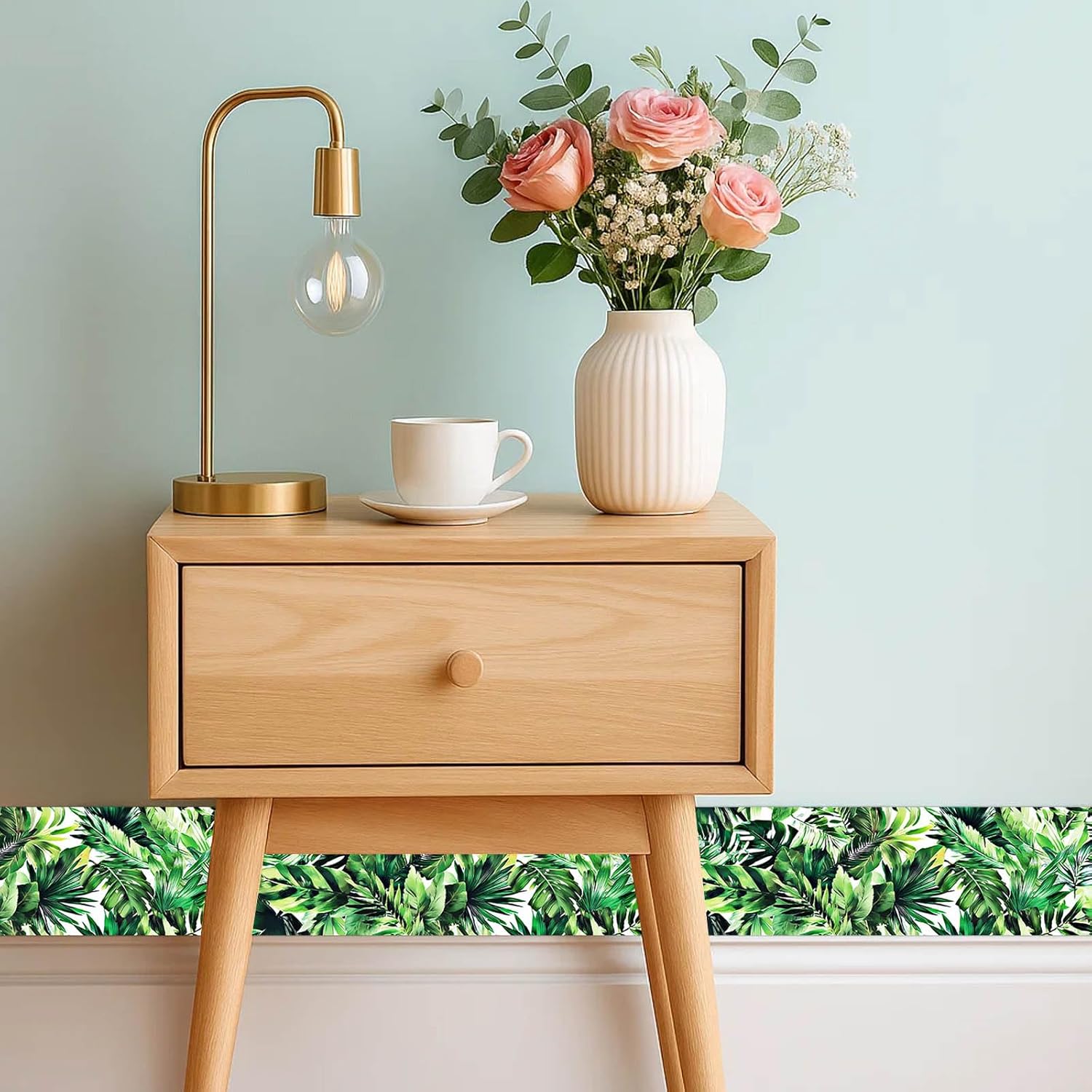 IVN Wallpaper Border Peel and Stick Wall Accent 4x196 Inch PVC Tropical Green Leaves Pattern Self Adhesive Decorative Wall Trim for Bedroom Living Room Balcony Jungle Nature Style