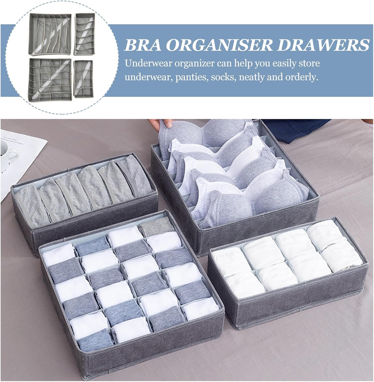 4pcs Gray Wardrobe Underwear and Sock Drawer Organizer Boxes with White Trim, Multigrid Bra and Clothing Storage Dividers for Closet and Dresser