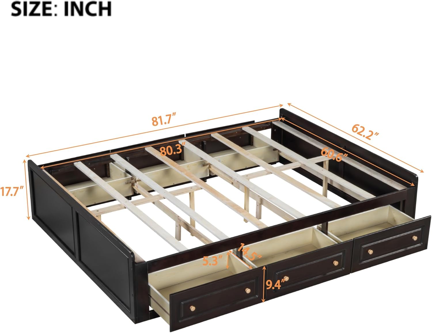 Detailed dimensions of the Merax Queen Size Bed Frame