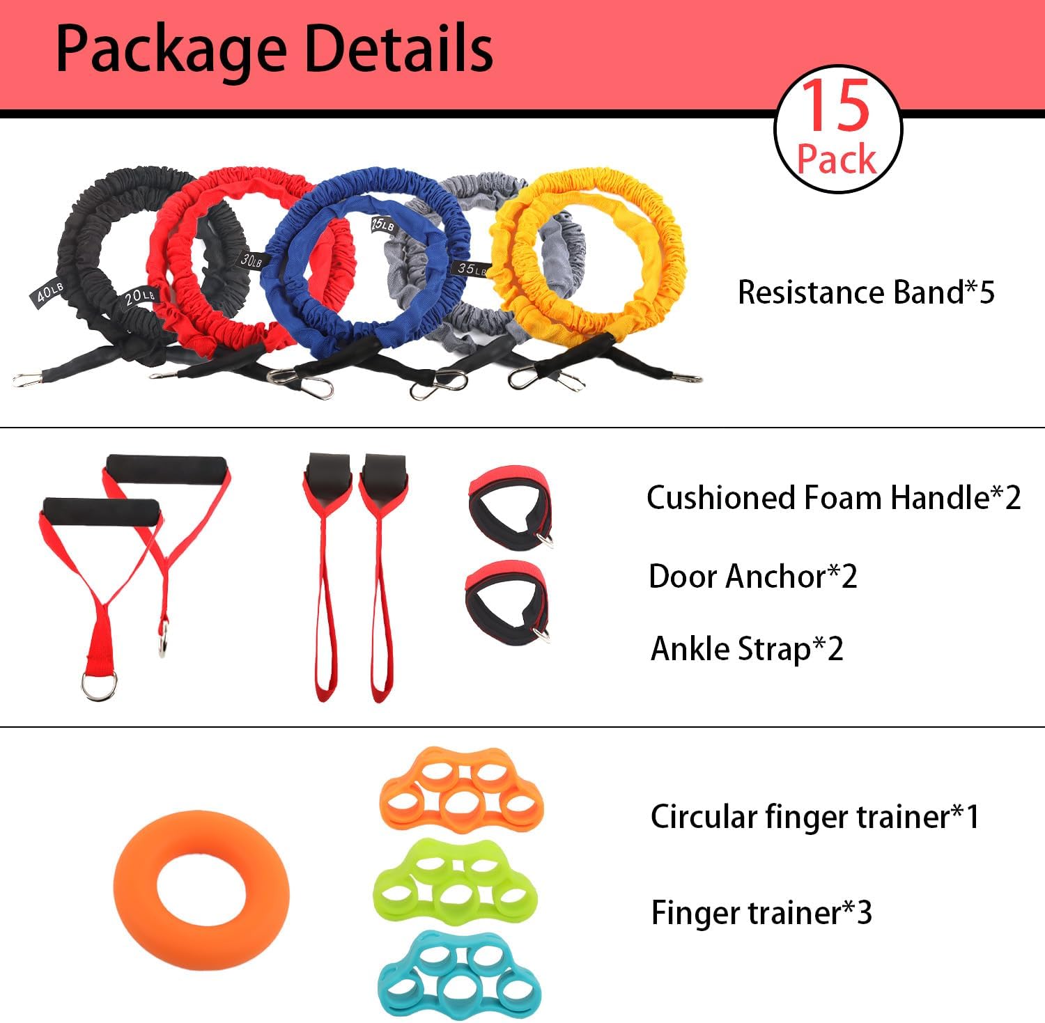 15 PCS Resistance Bands Set, 20-40lbs Exercise Tubes with Handles, Protective Nylon Sleeves, Door Anchor & Ankle Strap, Stretch Bands for Full Body Workout, Strength Training for Men & Women