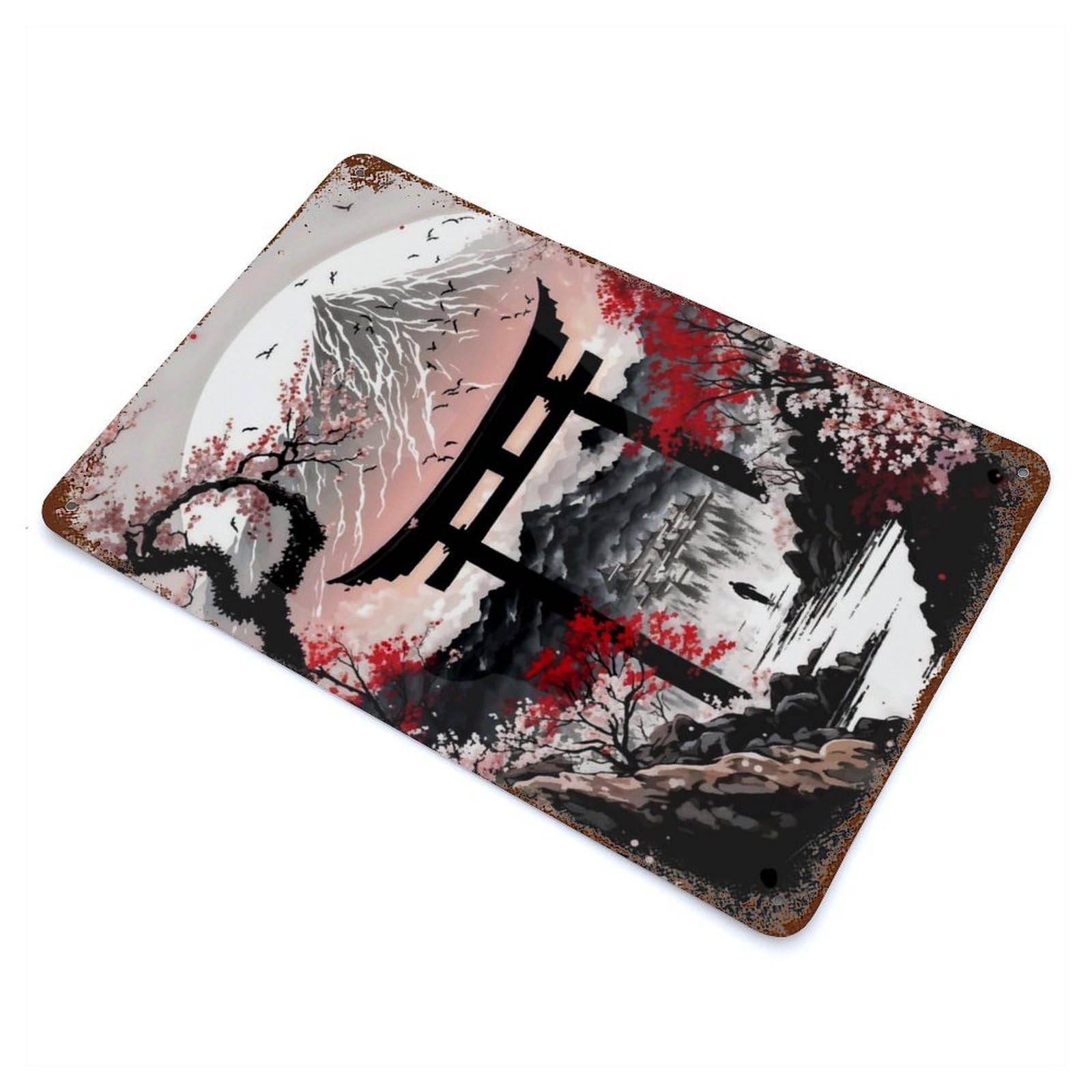 Rust Effect Japan Cherry Blossom Tori Distressed Metal Wall Sign 11.8"x7.9", Farmhouse Wall Decor for Office, Studio And Wall Decor