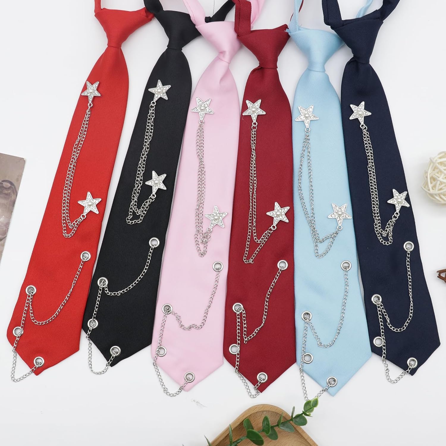 Pre Tied Ties for Women Star Decor Womens Tie with Chain for Shirt | Dark Cool Aesthetic Buckle Tie, Star Rhinestone Pearl Chain Ornament, 12.2"X 2.5", For Cosplay Gathering Street Fashion Wear