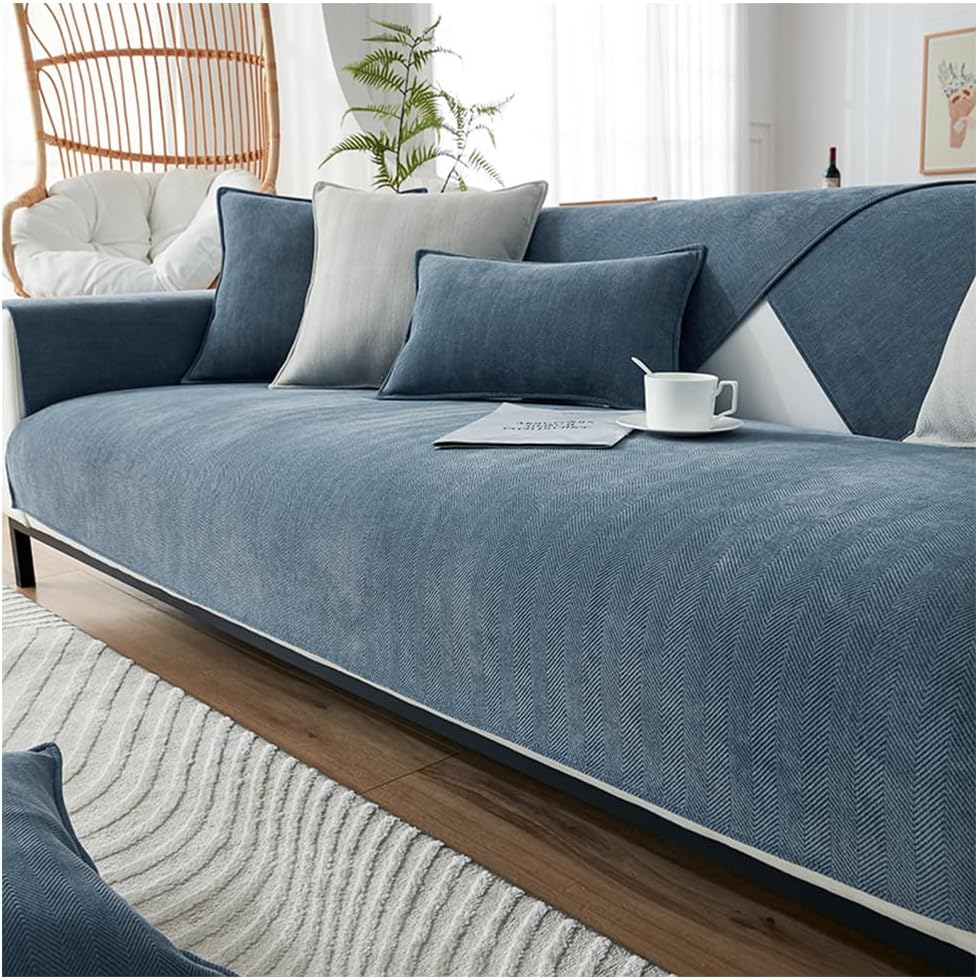 NUODWELL Herringbone Chenille Sofa Cover 1/2/3/4 Seater, Furniture Protector Couch Cover Universal Non-Slip L Shape Couch Cover Quilted Corner Slipcovers for Living Room Grey Blue, 70 * 180cm