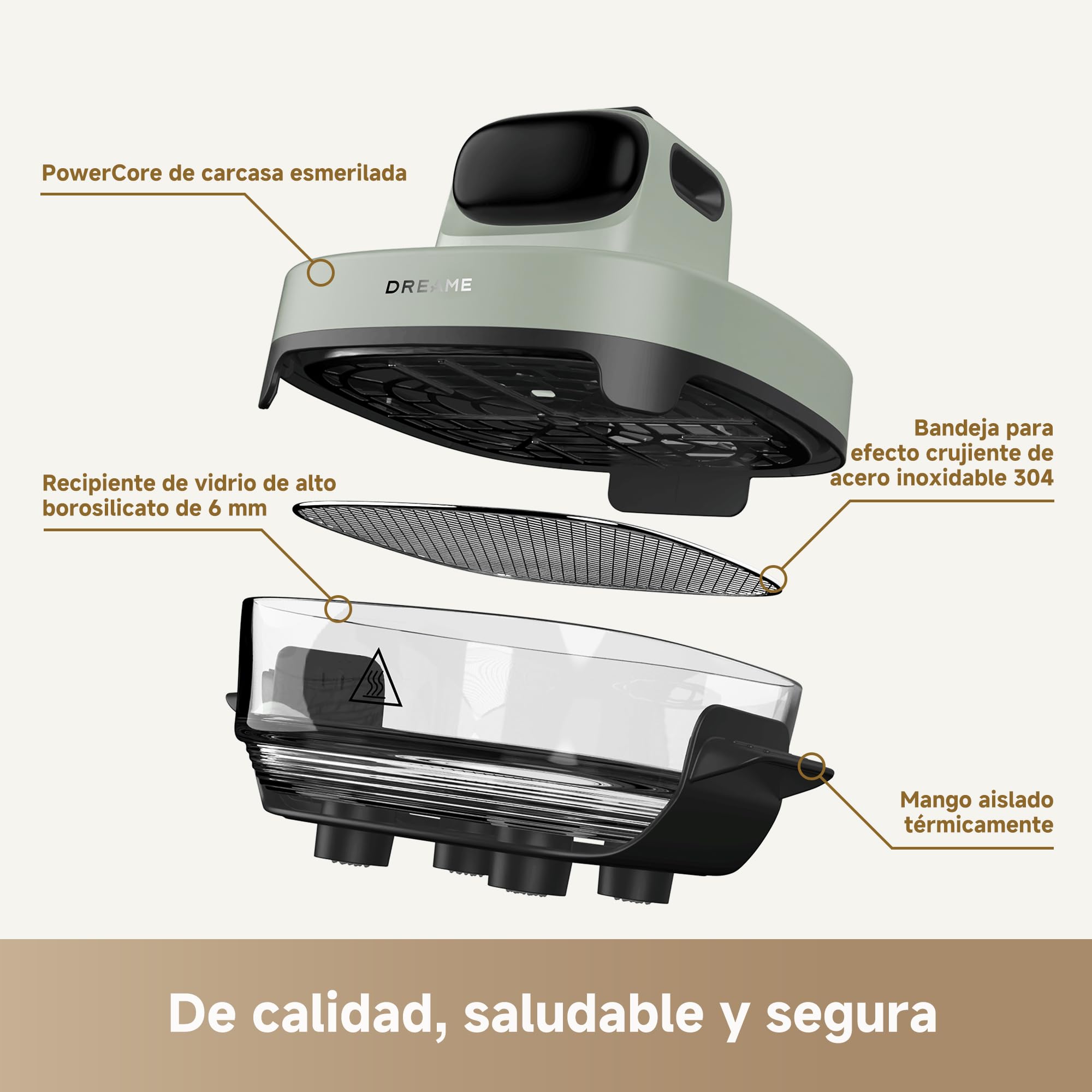 DREAME Tasti Freidora De Aire De Vidrio Portátil 5-1, 2 Ollas (2,5 L + 4,5 L), Cristal Borosilicato 6 mm, Aire Caliente 3D, Apta Lavavajillas, Vista Panorámica 360°, Desmontable