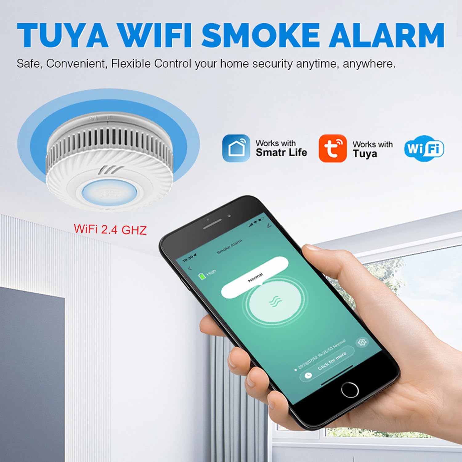 Smart Rivelatore di Fumo, Rivelatore di Fumo Wi-Fi, compatibile con l'app Tuya/Smart Life, nessun gateway richiesto, segnale di allerta da 85 dB, mini rivelatore di fumo e incendio connesso, (2 Pezzi)