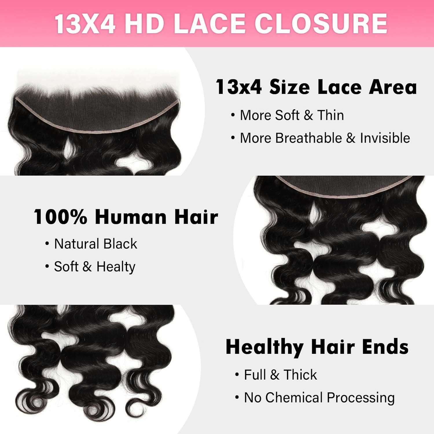 WOWANGEL 13x4 0.095mm Ultra-Thin Skinlike Real HD Lace Frontal & Closure,Body Wave Natural Hairstyles,Pre-Plucked Invisible Hairline,Unprocessed Virgin Human Hair,Invisible Knots HD Lace,18inch