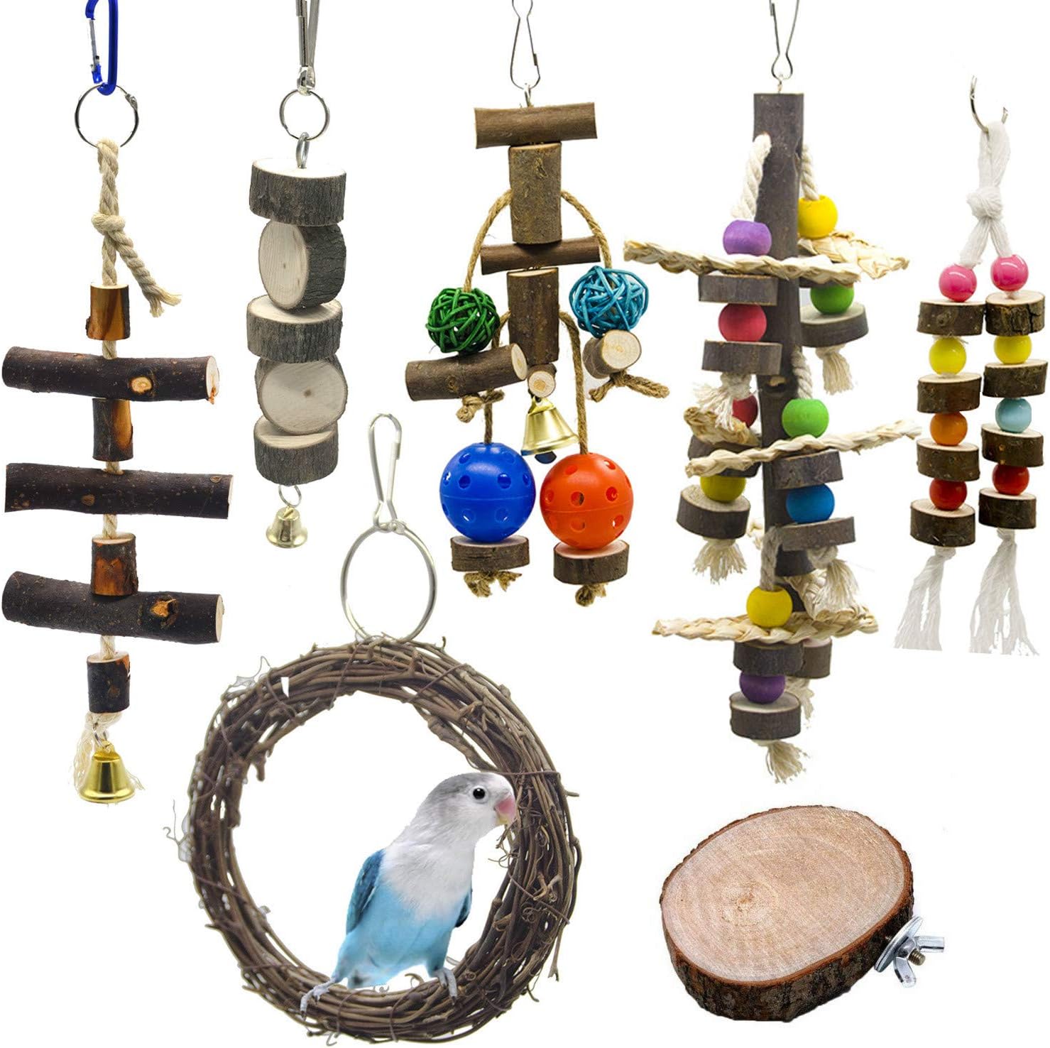 Ototon - 5 juguetes de pájaros de madera natural, plástico, columpio, escalera, peluca, accesorio para masticar, decoración para parrot, pinzas, loros, pequeños animales