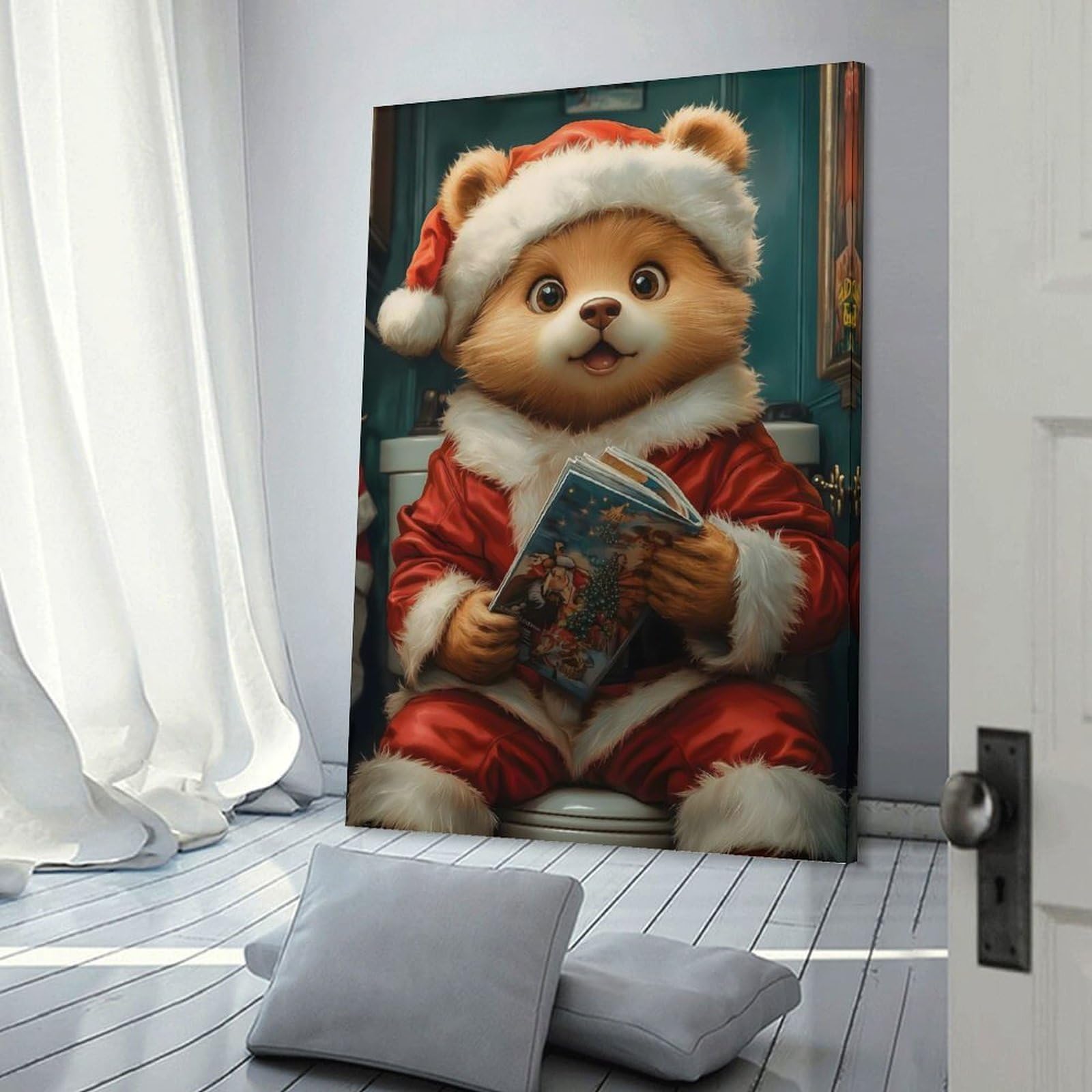 Junmoney Christmas Bear Reading Wall Art Print, 24x36inch(60x90cm), for Entrance Spaces, Stair Walls Or Halls, Home Artwork for First Impressions