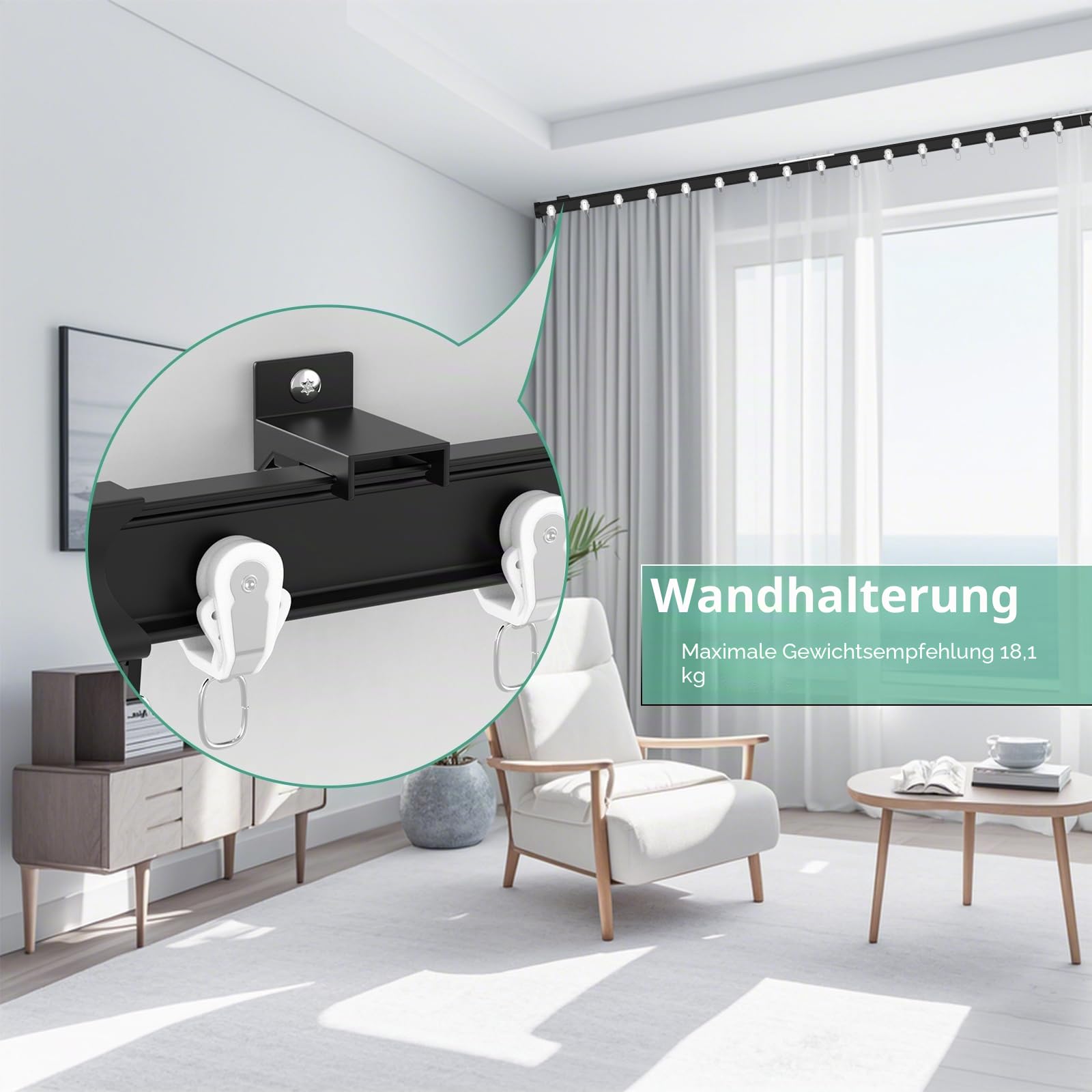 Flexible biegbare Aluminium-Vorhangschiene, Decken- oder Wandhalterung,8x40cm(320cm), Decken- und Wandhalterung, robuste Raumteiler, Gardinenschienen, Schwarz