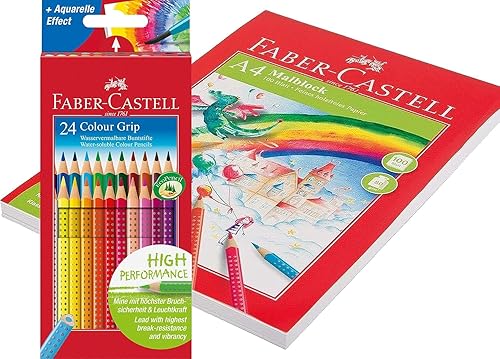 Faber-Castell 112424 Colour Grip Buntstifte für Kinder, 24er-Buntstifte-Set, Malstifte mit Grip und dreieckigem Schaft, wasserlöslichen Pigmenten (24 Stück + 100 Blatt Malblock)