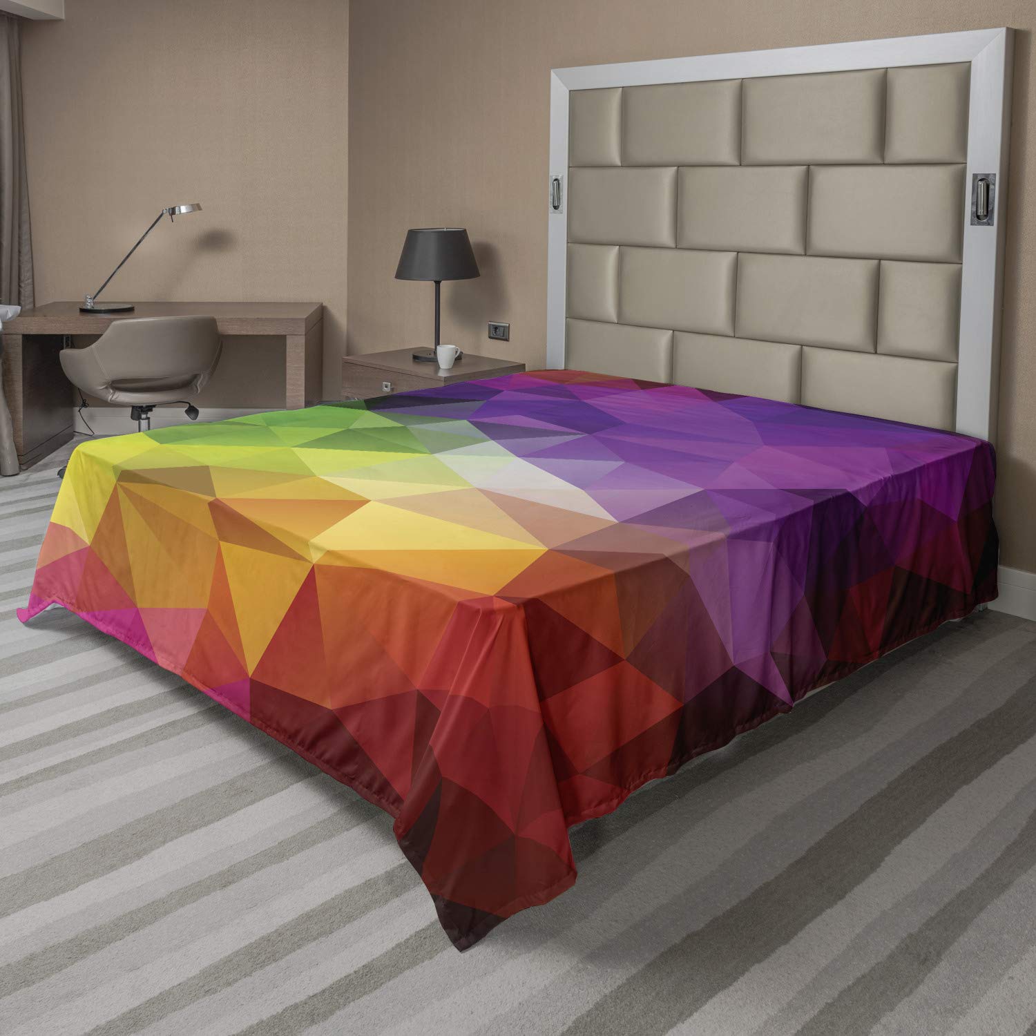 Ambesonne Abstract Flat Sheet, Colorful Geometric Shapes Triangular Polygons Creative Surreal Print, Soft Comfortable Top Sheet Decorative Bedding 1 Piece, King Size, Multicolor