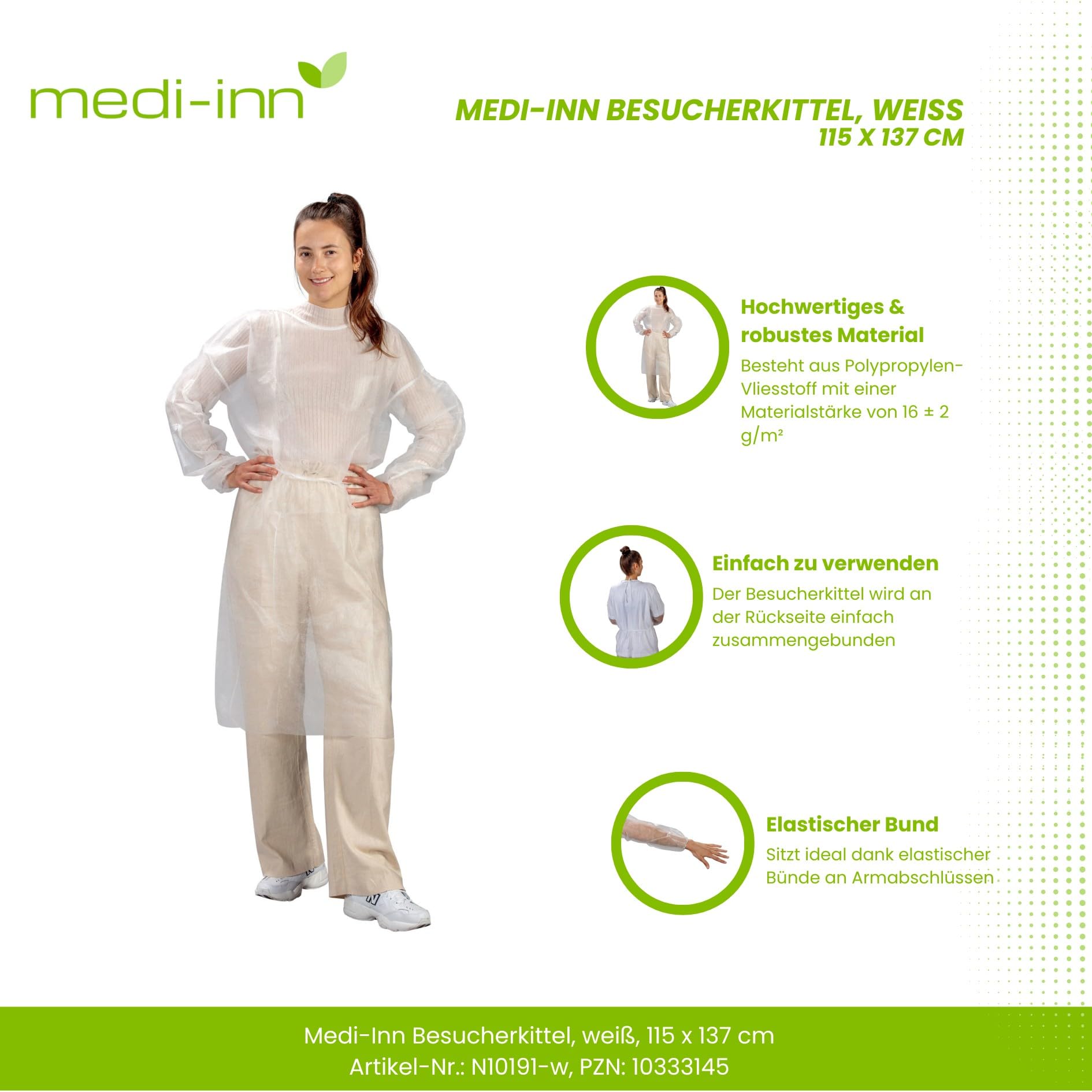 Medi-Inn PP-Besucherkittel | 10 Stück weiß | 115 x 137 cm | Schutzkittel mit Gummi-Bündchen zum Binden