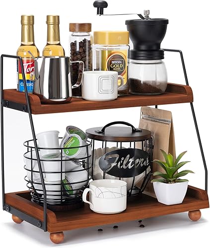 Accesorios de barra de café de 2 niveles y estante organizador, organizador de estación de café de madera para decoración de barra de café, botes de