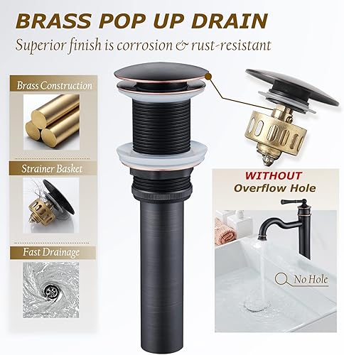 Miniatura 6 de WINKEAR Grifo de fregadero de recipiente ORB para baño, grifo alto de un solo agujero, montaje de desagüe desplegable sin líneas de suministro de