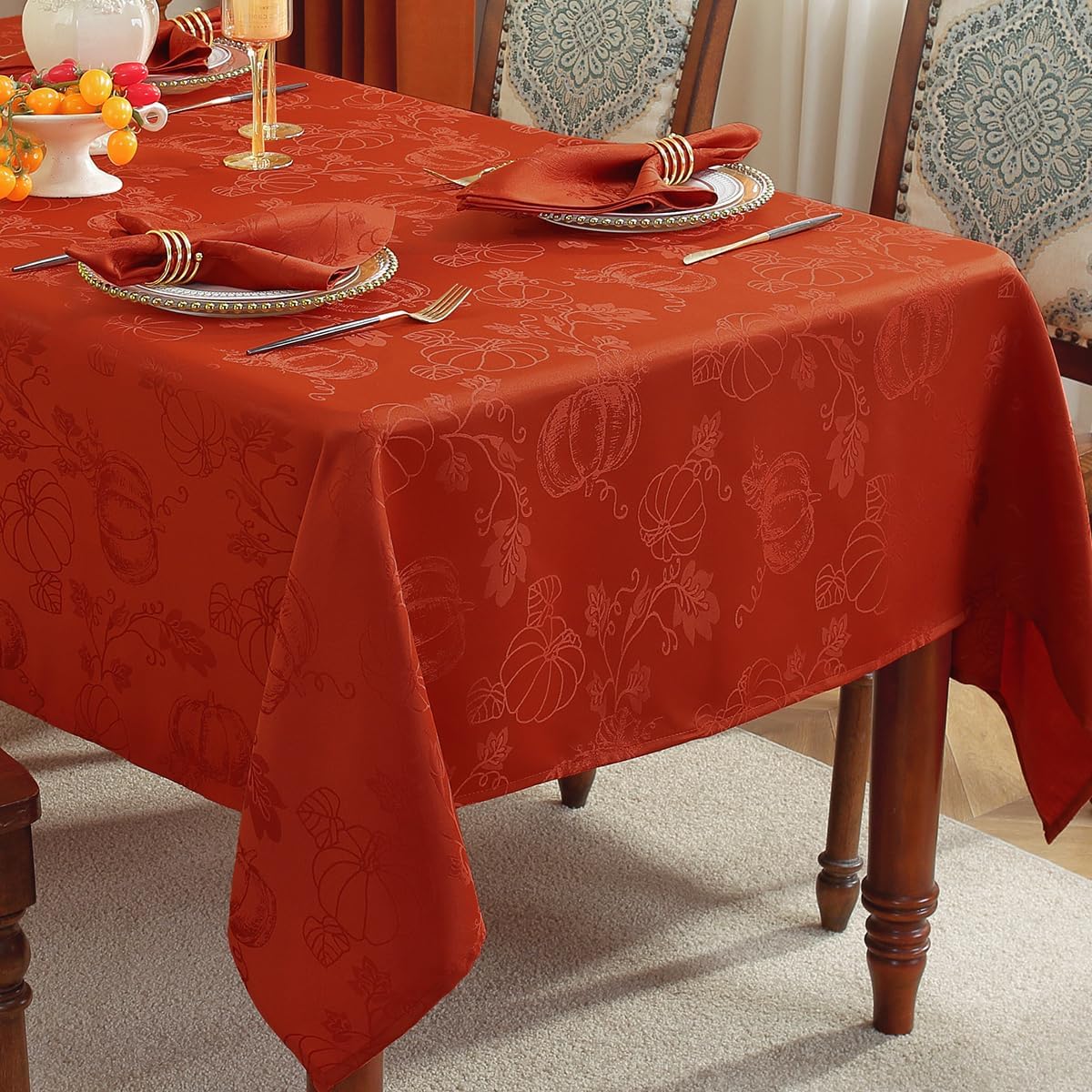 SASTYBALE Thanksgiving Tablecloths for Rectangle Tables Jacquard Fall Table Cloth with Pumpkins and Vines Stain Resistant Table Cover for Autumn Harvest, Dining, Party Decor (60 x 120 Inch, Red Rust)