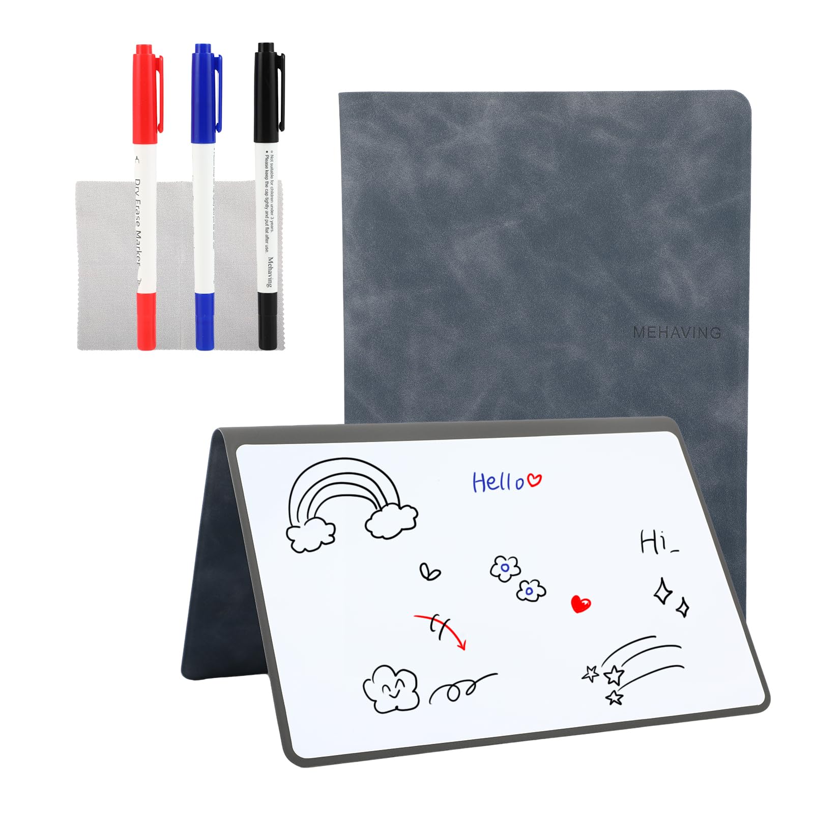 A5 Mini Whiteboard, draagbaar, uitwisbaar, met 3 kleurstiften, mini draagbaar opvouwbaar, klein whiteboard, met PU-cover en wisdoek, grijs