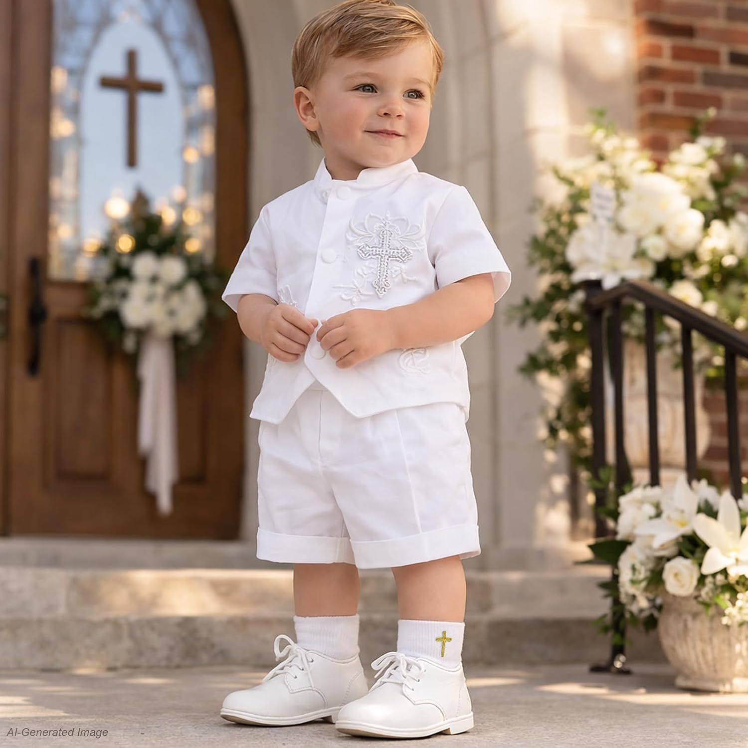 Baby Baptism Socks, 2 Pairs White Christening Socks with Cross Embroidery, Seamless Cotton, Lace & Turn Cuff