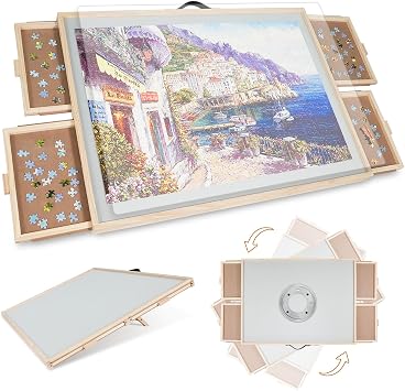 Table de puzzle en bois 2 en 1 inclinable et rotative avec 4 tiroirs (2000 pièces)