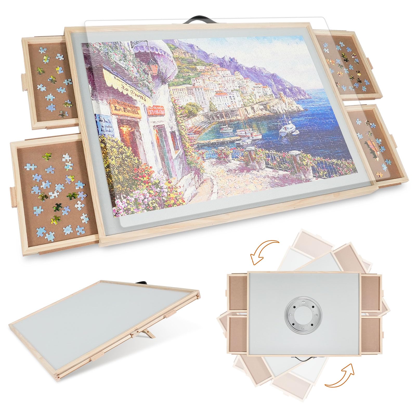2000 Teile 2-in-1 Neigbares & Drehbares Puzzle-Brett für Erwachsene, Holz-Puzzleschreibtisch mit 4 Schubladen 102 x 72,4 cm, Tragbares Brett mit Lazy Susan und Abdeckung