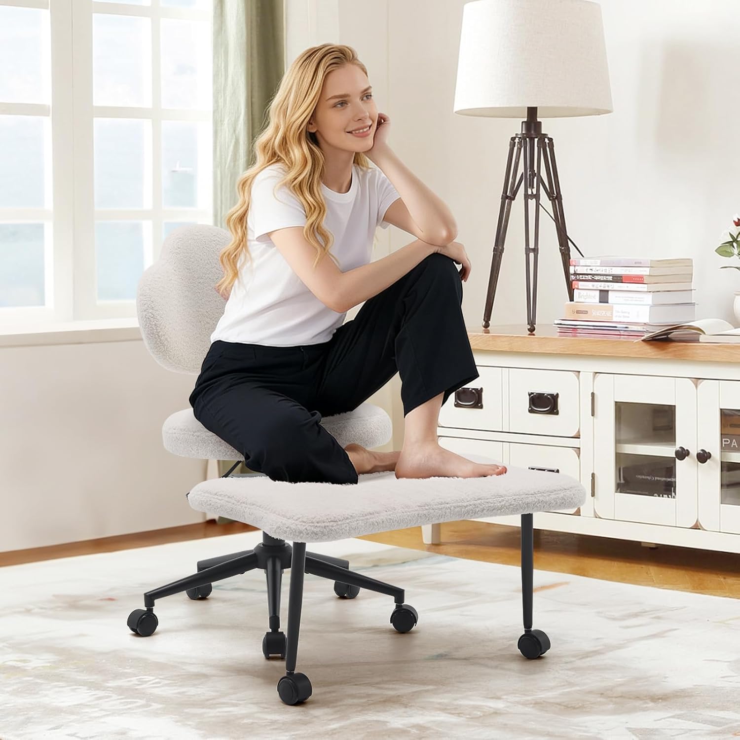 Ergonomic Cross Legged Chair, 360° Swivel Meditation Chair with Wheels, Height Adjustable Seat for Meditation, ADHD & Yoga, Teddy Fabric Yoga Stool for Home Office, White