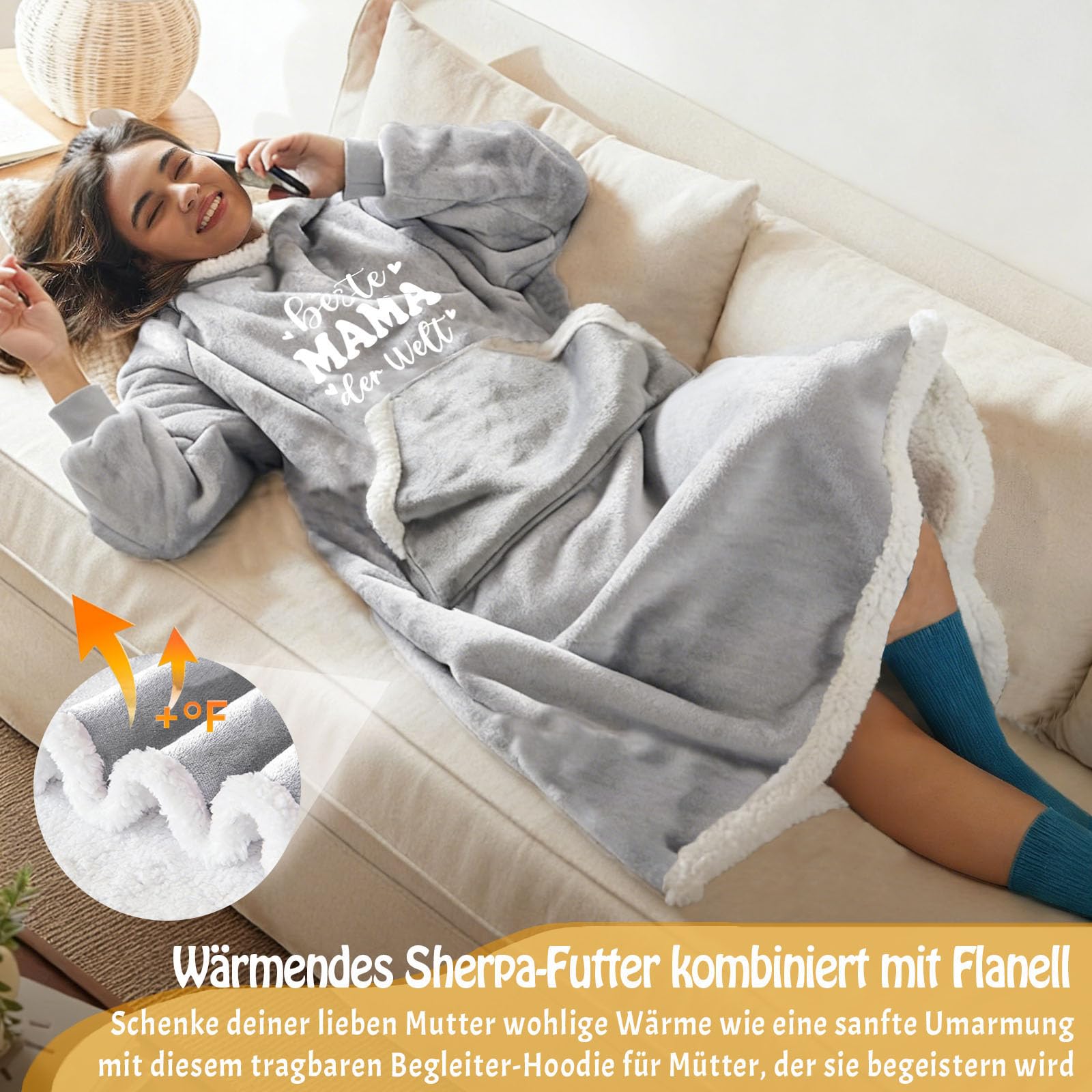 Regalo para el Día de la Madre para Mamá, gran tamaño, con capucha, manta con bolsillo, suave manta de Sherpa, ideal como regalo de cumpleaños para el Día de la Madre, color gris