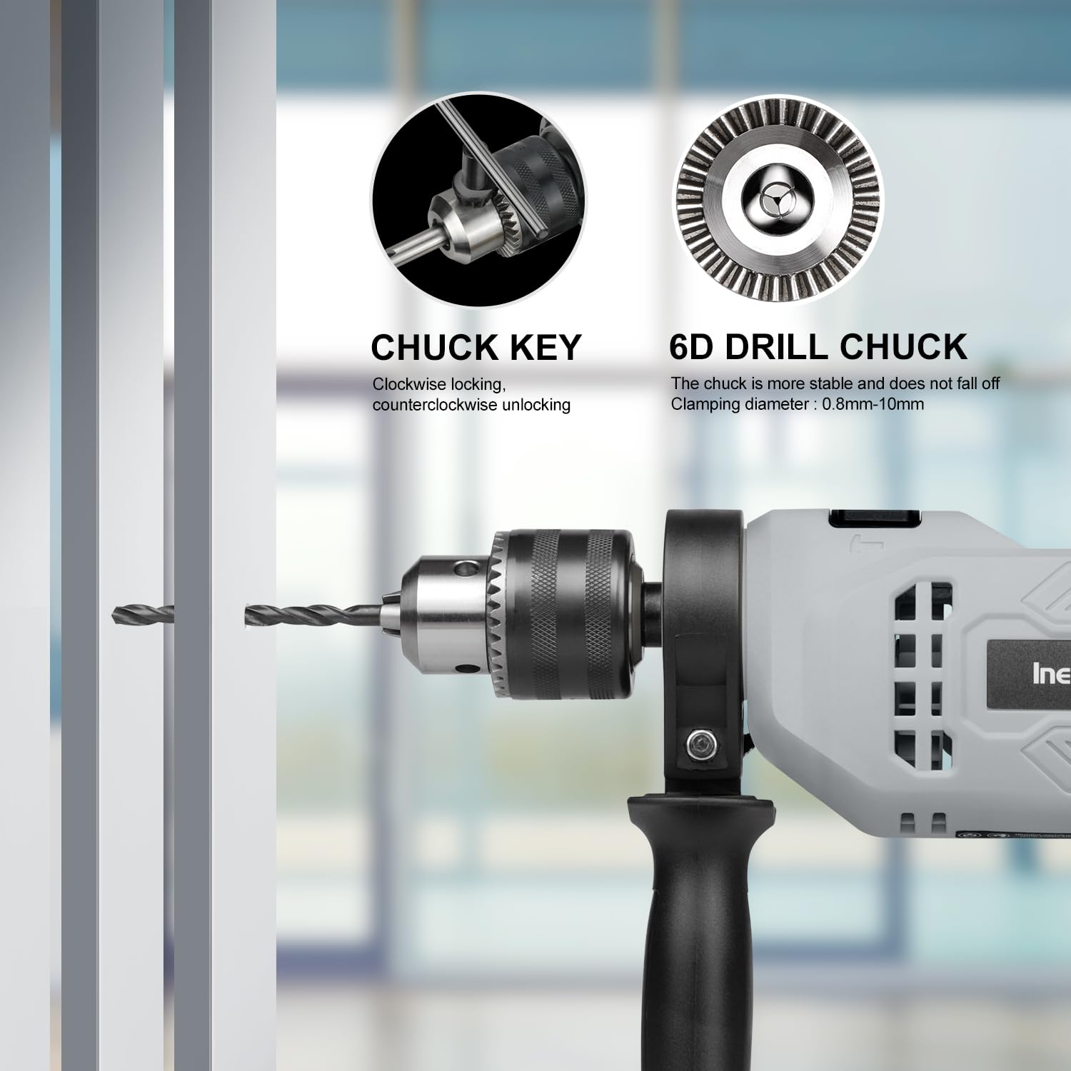 Trapano a percussione con cavo, 4,5 Amp, 0-3000 giri/min, mandrino da 1/2", set di accessori da 105 pezzi, controllo della velocità regolabile, manico girevole a 360°, profondimetro e