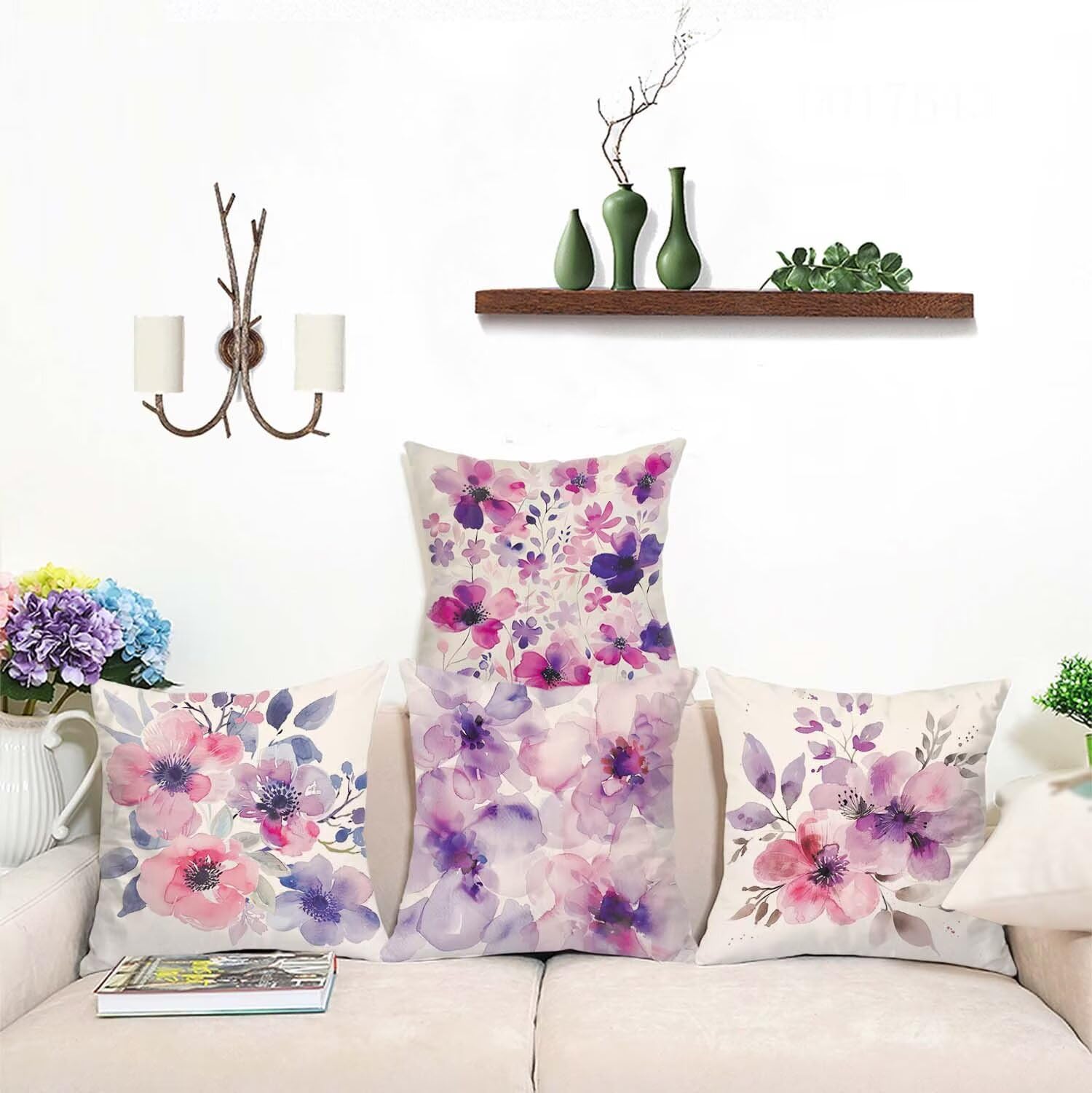 Fundas Cojines SuavesFlor Fundas Cojines Cuadradas Suaves Funda Almohada Cojines Suaves Sillas Jardin para Oficina Jardín Cama Sofá Banco Interior o Exterior Juego de 4 Funda Cojin PúRpura mu-418