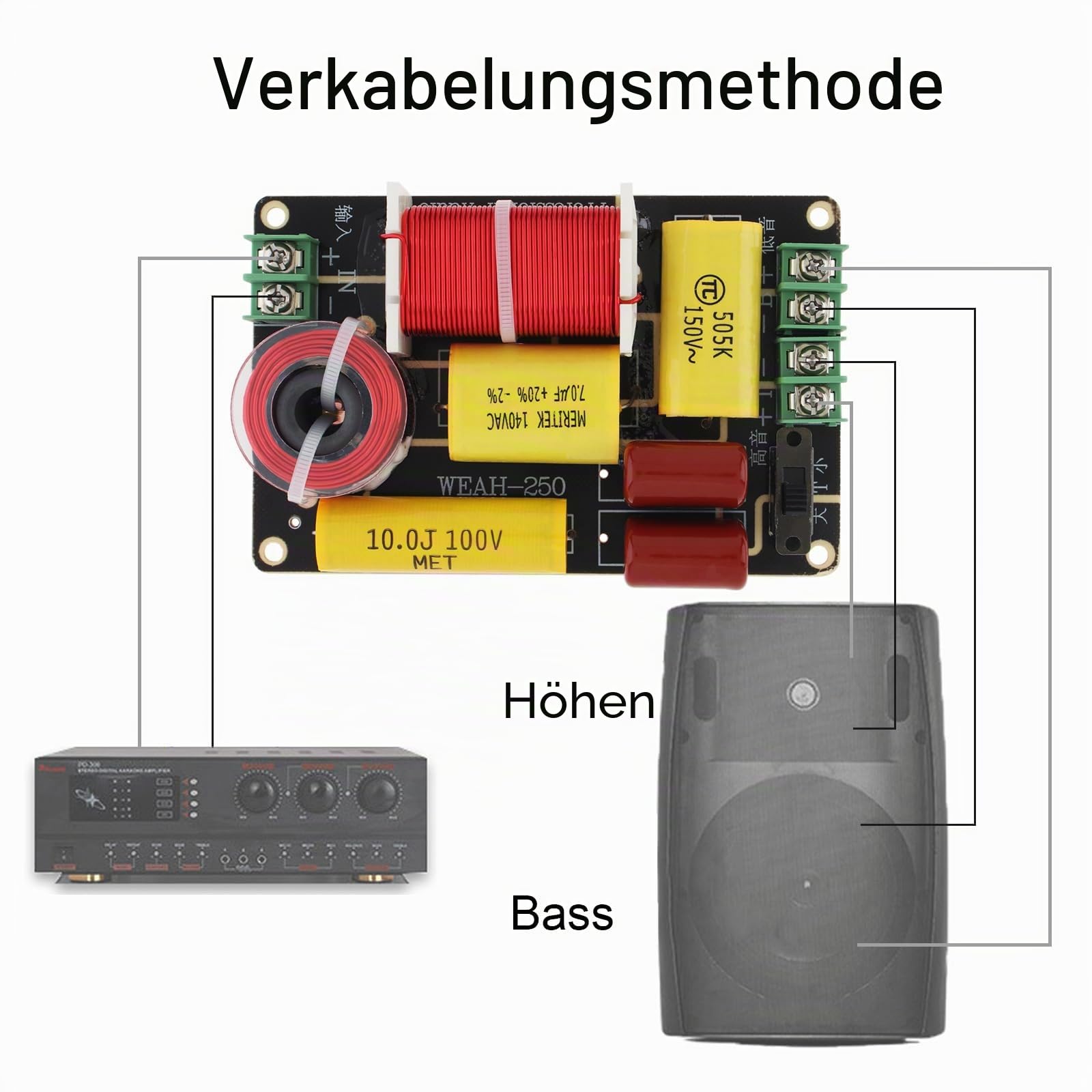 2-Wege Crossover für Lautsprecher, Hoch-Bass-Frequenzsplitter 250 W 4-12 Ohm für Lautsprecher, HiFi-Lautsprecherüberbrückung