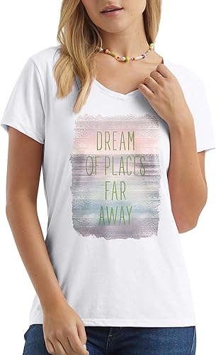 Hanes - Camiseta estampada de manga corta con cuello en V para mujer