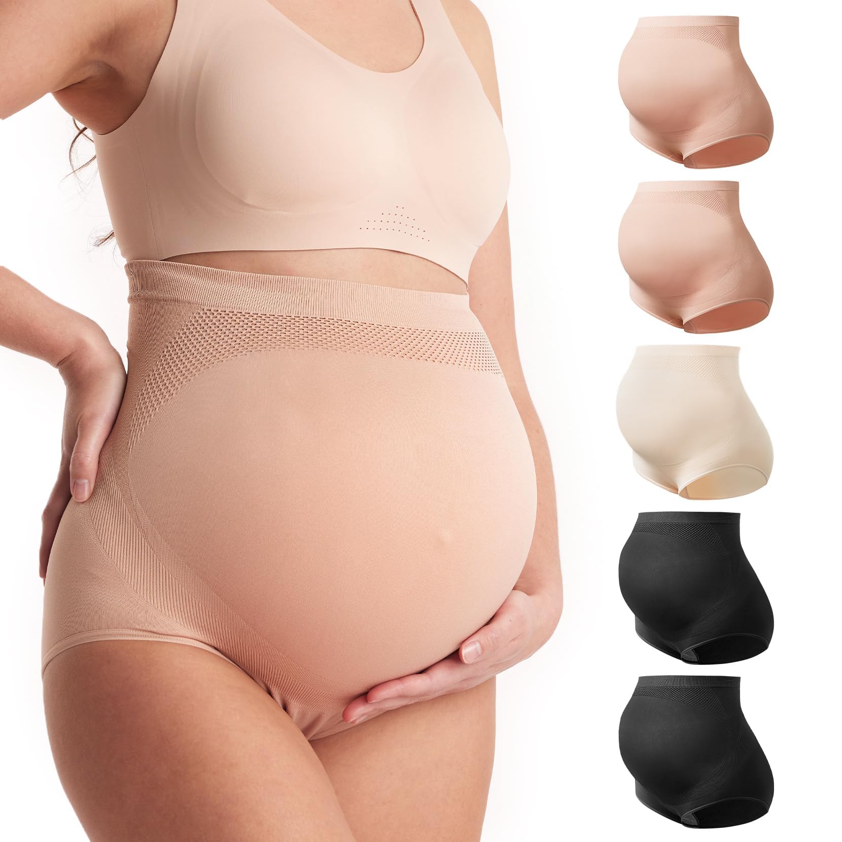 Momcozy Biancheria intima premaman da donna, a vita alta, morbida, senza cuciture, taglio a pancia, 5 pezzi
