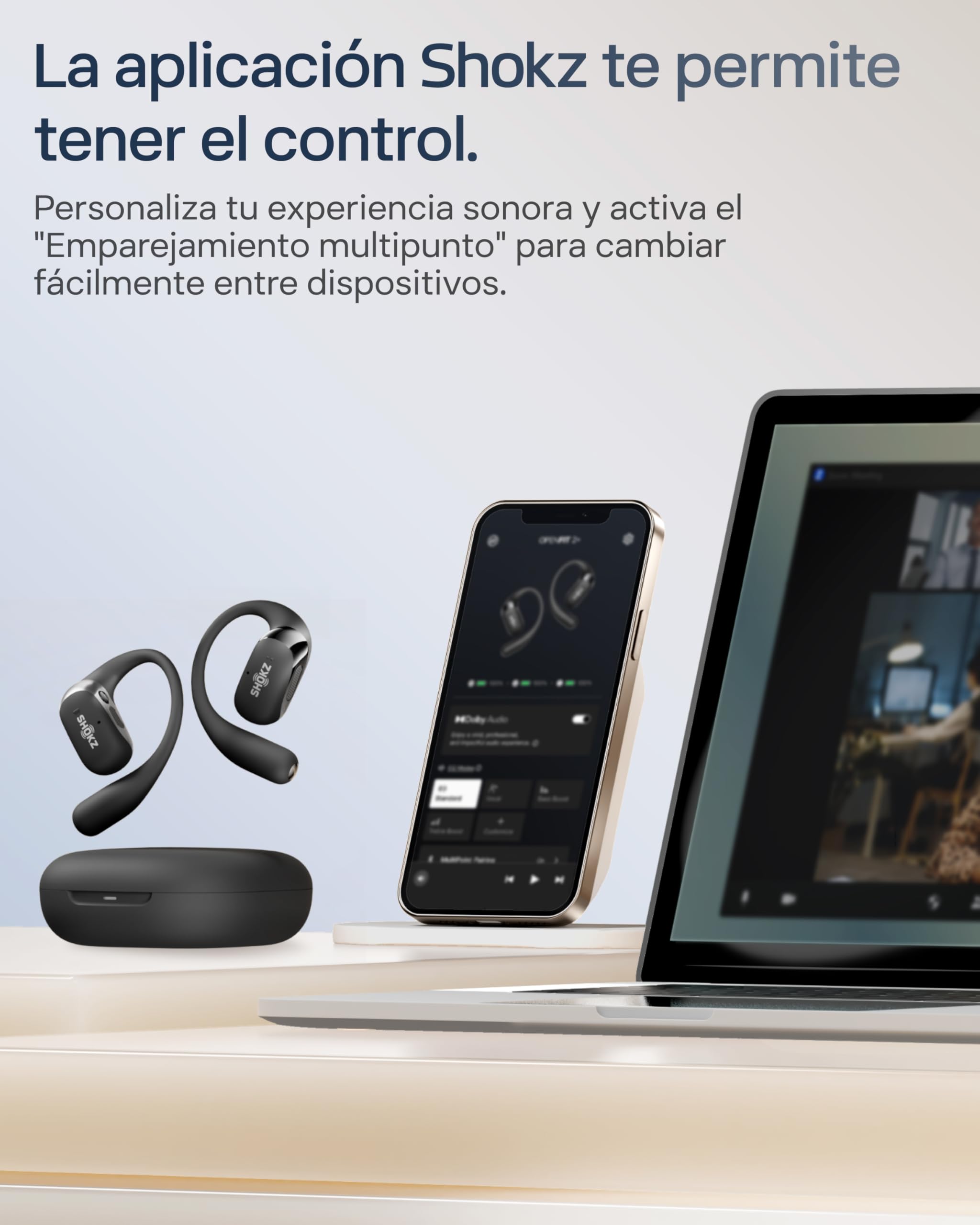SHOKZ OpenFit 2+ Auriculares Gancho Open-Ear,Dolby Audio, 48h de Uso, Negro | Auriculares Bluetooth con Mic. | Resistencia al Agua IP55 | Carga inalámbrica | Carga rápida | con Bolsa de Transporte