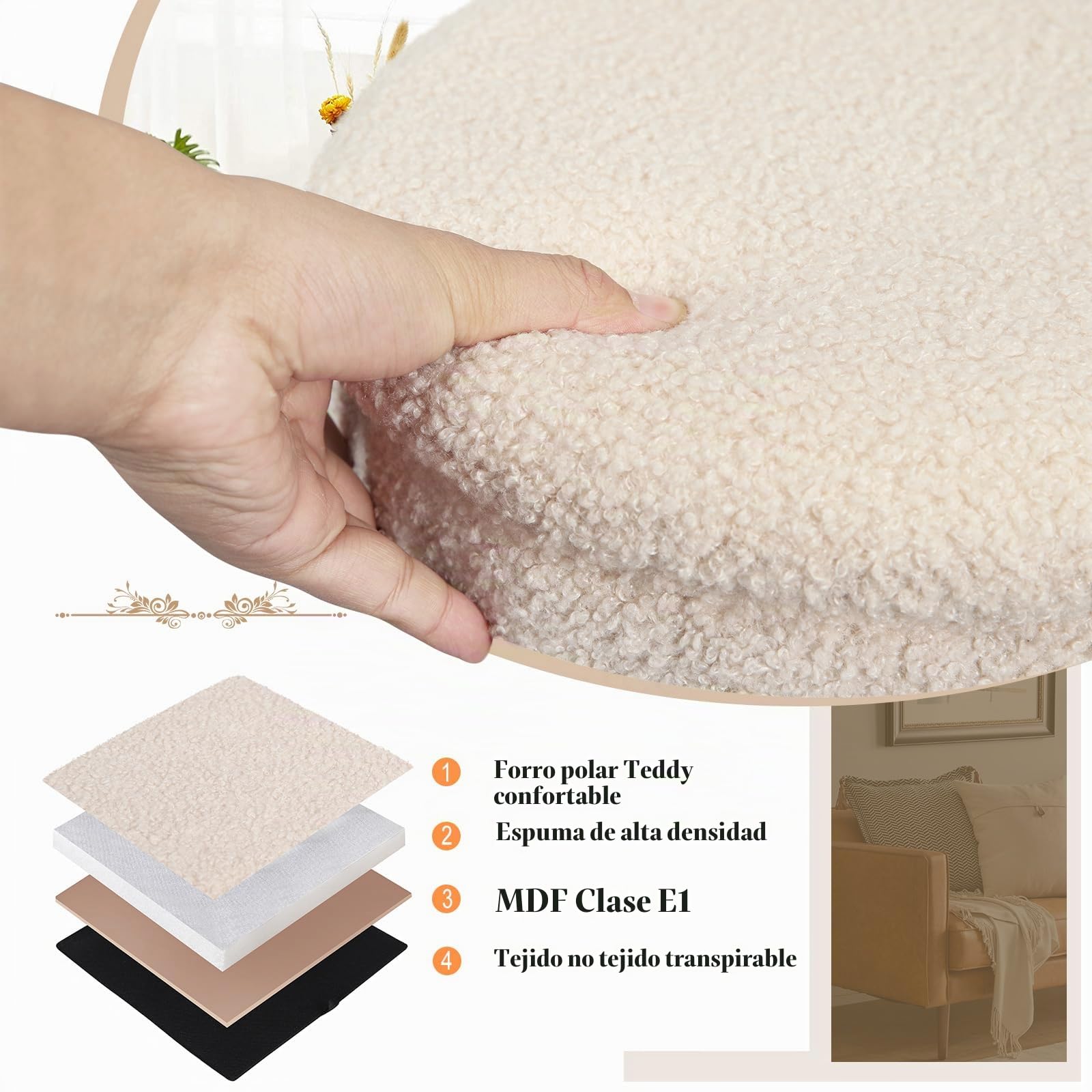 eSituro Taburete Almacenaje Redondo, 18L Baul Almacenaje Plegable con Asiento Tapizado en Felpa, Taburete Bajo con Almacenamieto, Reposapiés de Sofá y Cama, Patas de Metal, φ35x H41 cm, Beige