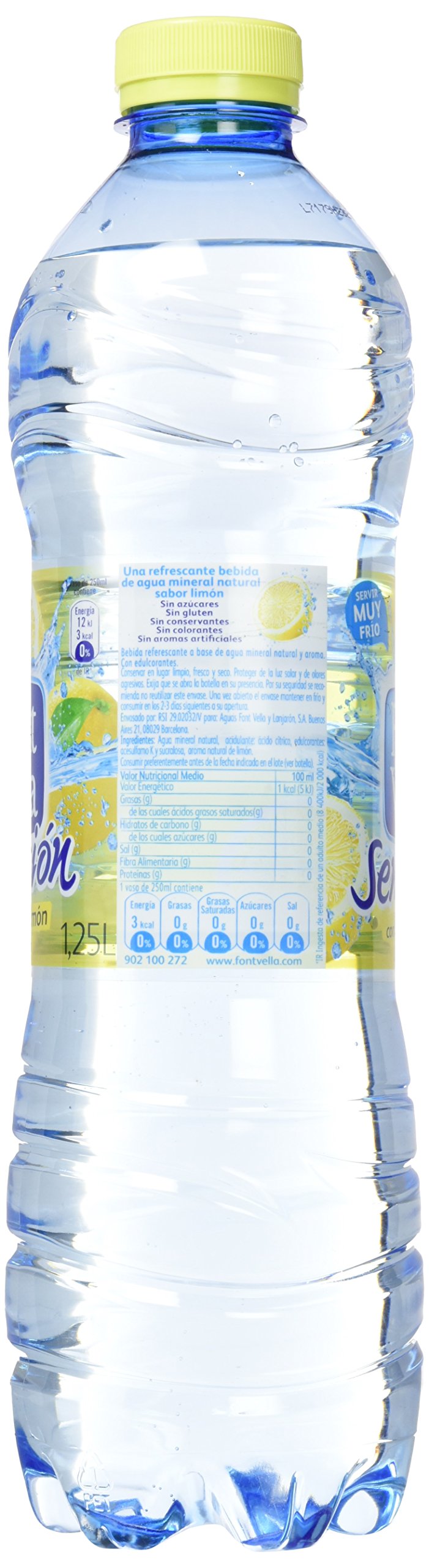 Font Vella Sensación Limón, Agua con sabor limón y lima sin calorías, 6 botellas de 1.25 litros