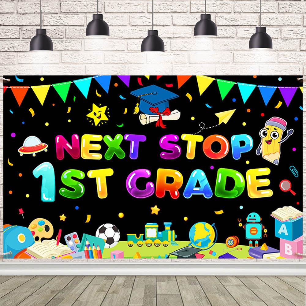 AIBIIN 7x5 ft Kindergarten Graduation Party Decorations Banner Next Stop 1st Grade Backdrop Kindergarten Preschool Graduation Decoration Congrats