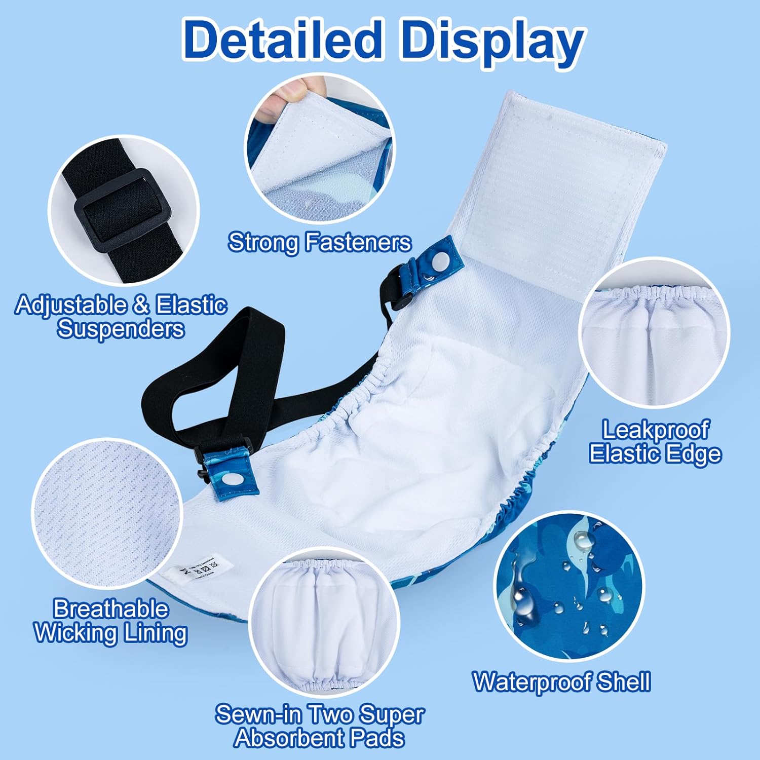 Dono Reusable Belly Bands for Male Dogs with Suspender, 3 Pack Washable Dog Diapers Male, High Absorbency Male Dog Wraps, Leakproof Doggie Puppy Doggy Diapers, Sharks Dinosaurs Trucks, Medium