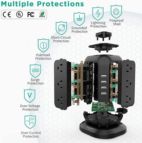 Miniatura 7 de AiJoy - Torre de tira de alimentación con cable de 16.4 pies, protector de sobretensiones con 12 tomas de CA y 4 puertos USB, cable de extensión de