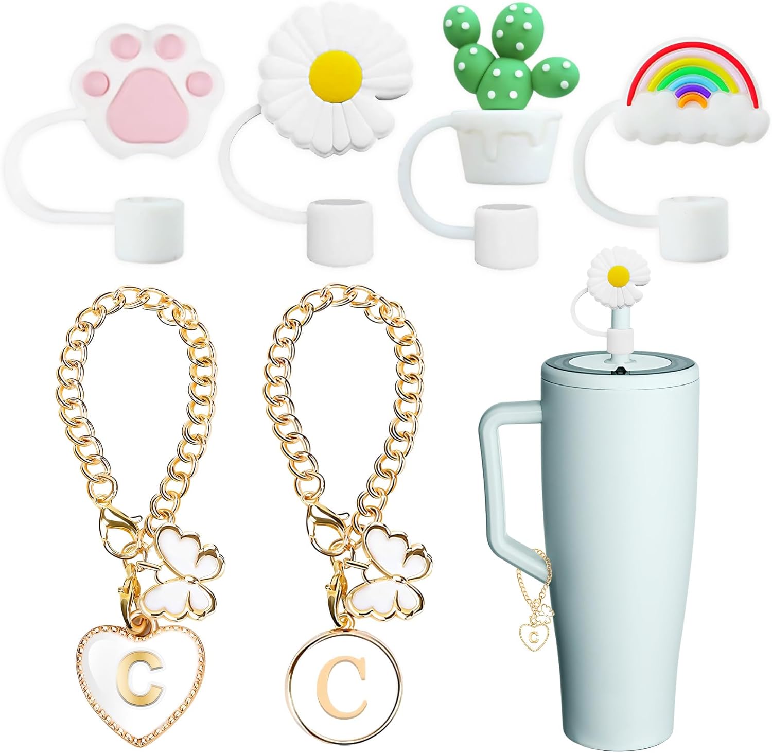 Compatible with Brumate Era Cup Accessories, 4PCS 12mm Cute Straw Cover Cap for Brumate Era Straw Toppers, 2PCS Butterfly Letter Charms for Brumate Cups 30&40 Oz with Handle(C)