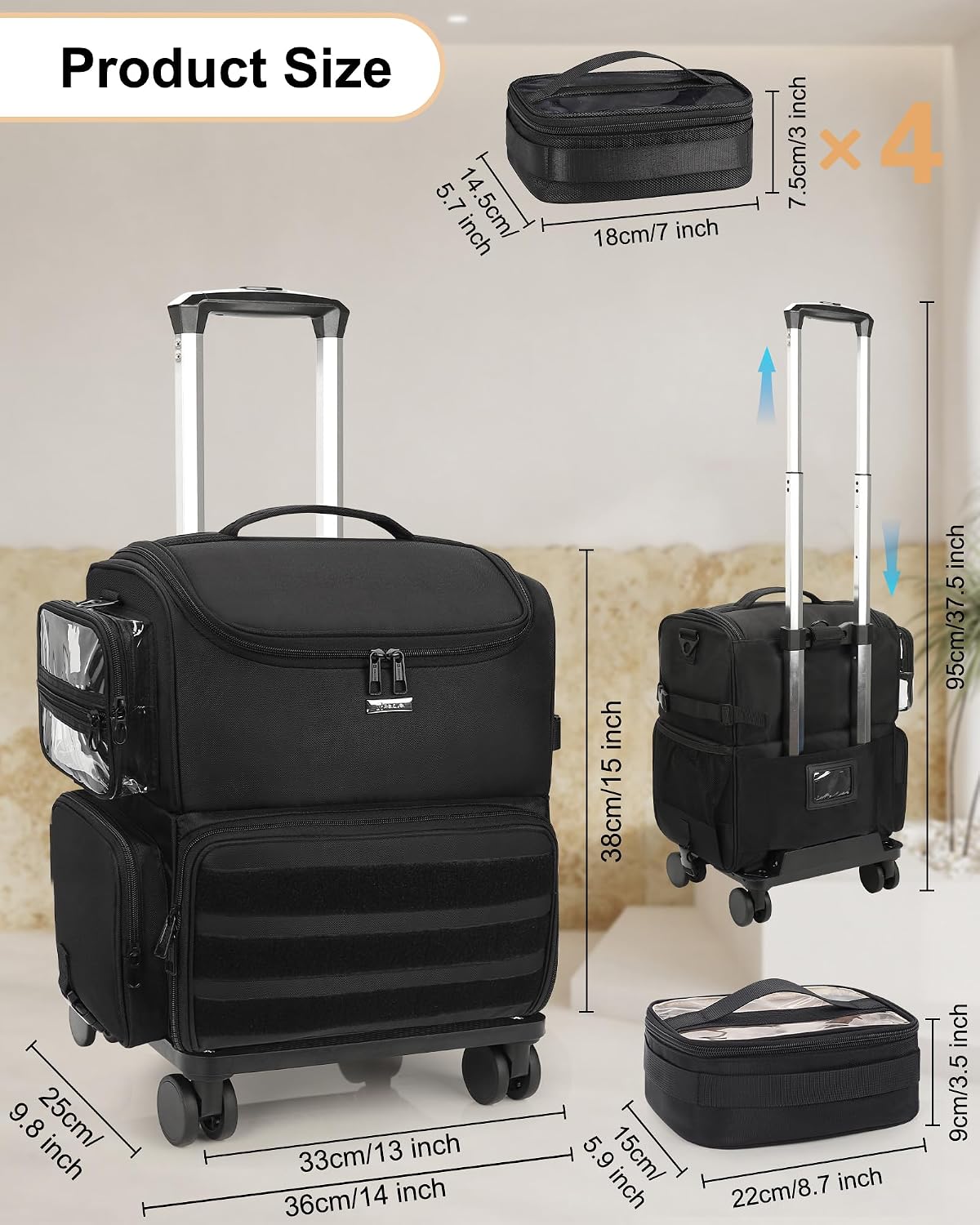 Relavel Rolling Makeup Train Case, Professional Makeup Artist Set Bags, Cosmetology Case on Wheels with 8 Clear Bags, Cosmetic Storage Organizer with Adjustable Dividers, 360° Spinner Wheels, Black