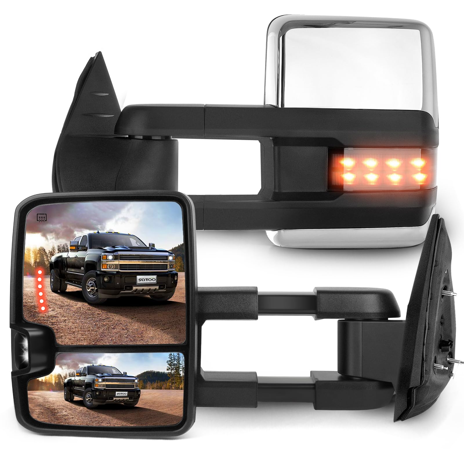 SCITOO Towing Mirrors fit for Chevy for GMC Automotive Exterior Mirrors fit 2007-2014 for Chevy Silverado for GMC Sierra (07 for New Body) with Amber Turn Signal Power Control Heated Back up Light