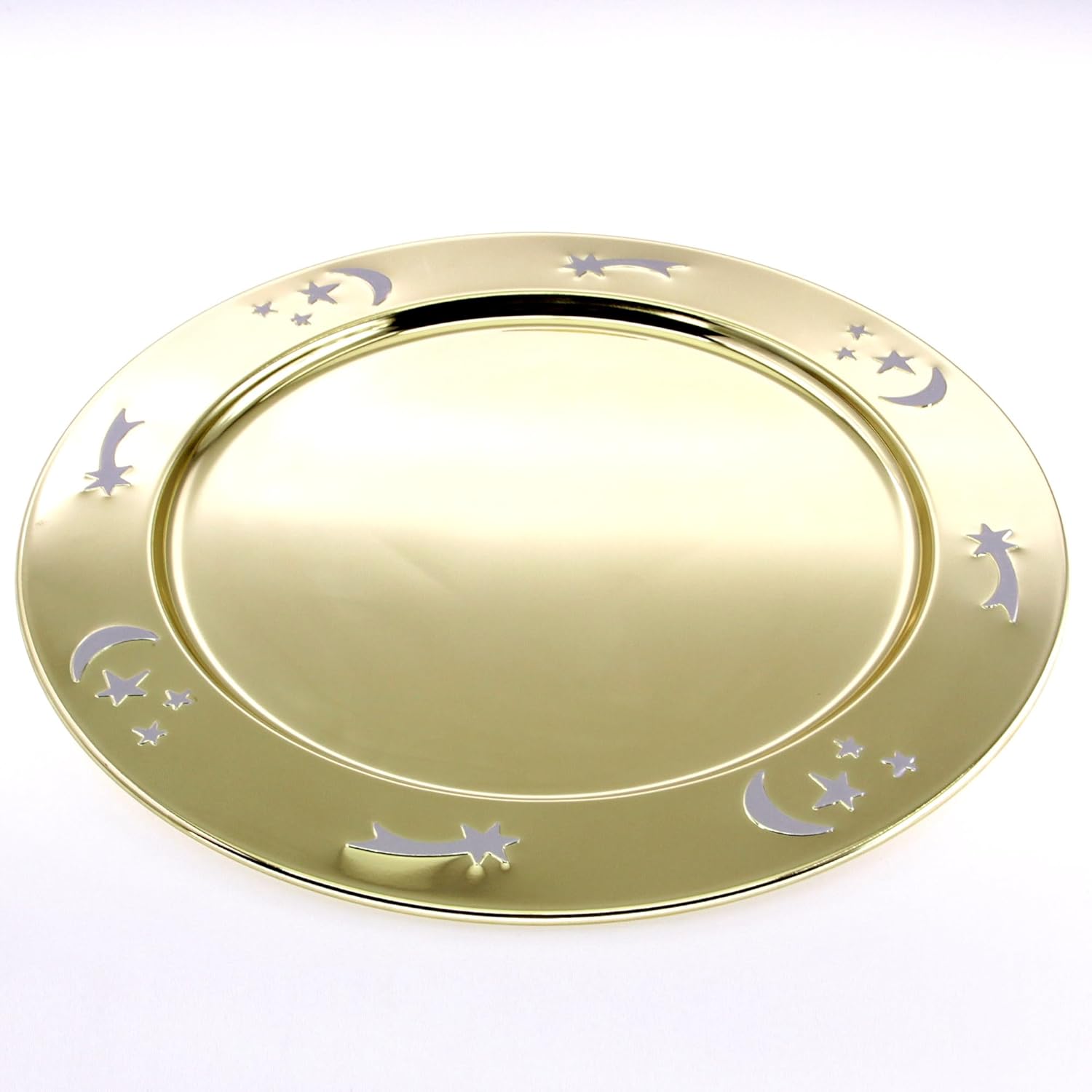 (Pack of 4) 15.4 Inch Round Iron Yellow Gold Plated Serving Tray Shooting Star Moon Engraved Decorative Greeting Party Birthday Wedding Dessert Buffet Candle Snack Platter Plate GD-317
