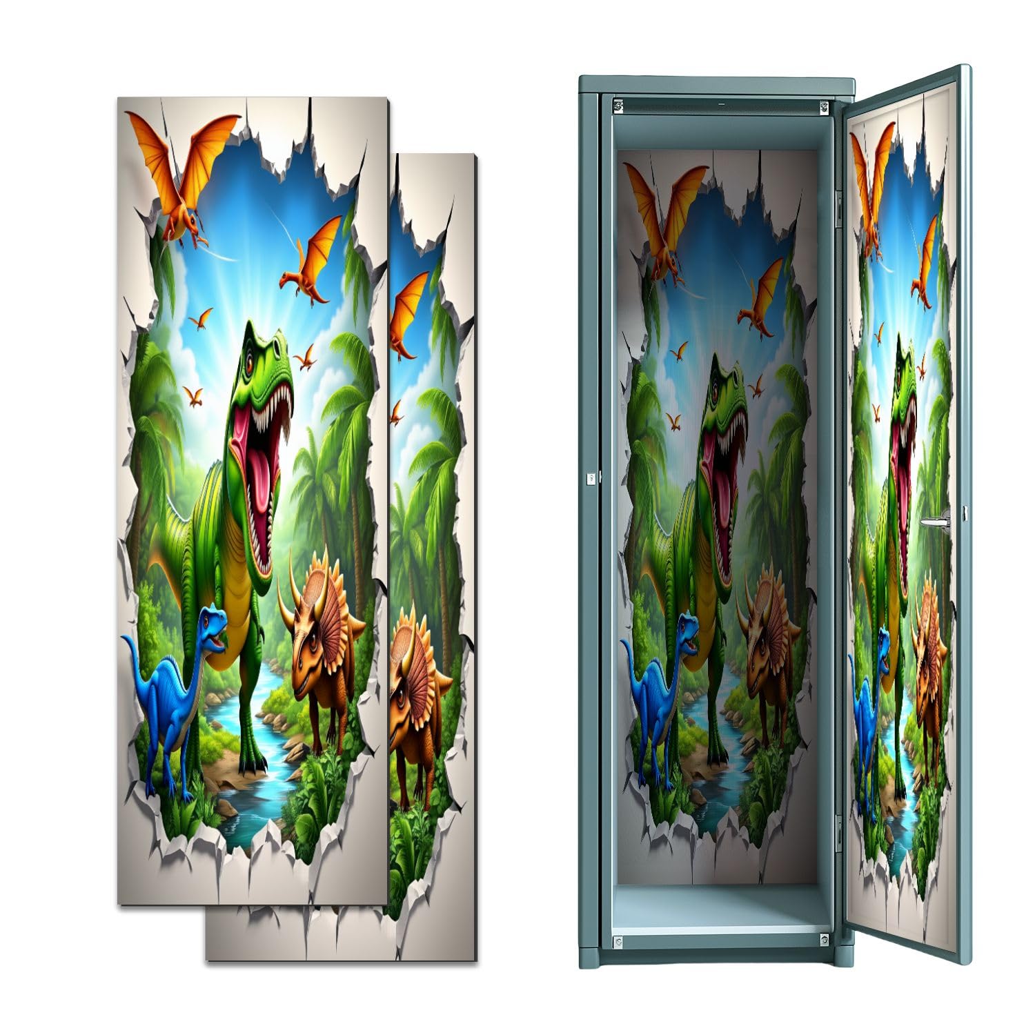 2 Pcs Locker Magnetic Wallpaper Colorful Dinosaur Jungle Adventure T Rex Triceratops Pterodactyls 12" x 36" Wall Magnetic Sticker Removable Locker Accessories Decor Easy Install for Office School