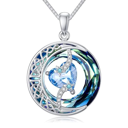 TOUPOP Herz Geburtsstein Kette Damen 925 Sterling Silber Mond Stern Halskette Schmuck Geschenke für Frauen Anhänger Schmuck Geburtstag Weihnachten Valentinstag - 03 März - Aquamarin