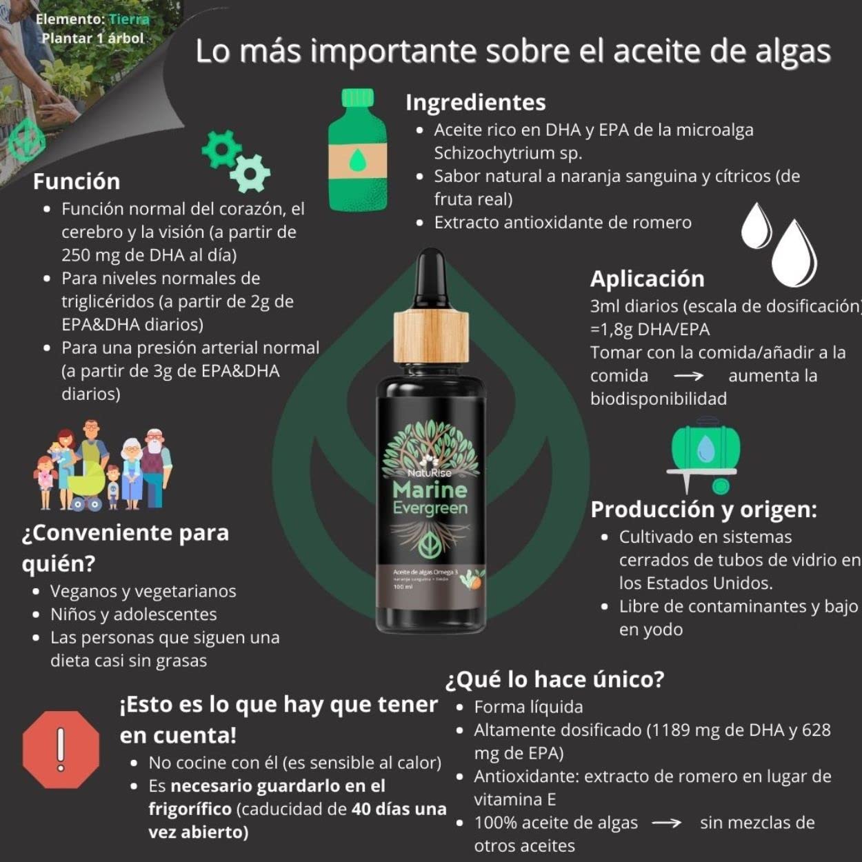 NatuRise® Omega 3 Vegano - Aceite de algas - 1822mg de DHA, EPA y DPA - Dosis alta - Probado en laboratorio - Forma de triglicéridos - Pipeta con escala de dosificación - Vidrio UV
