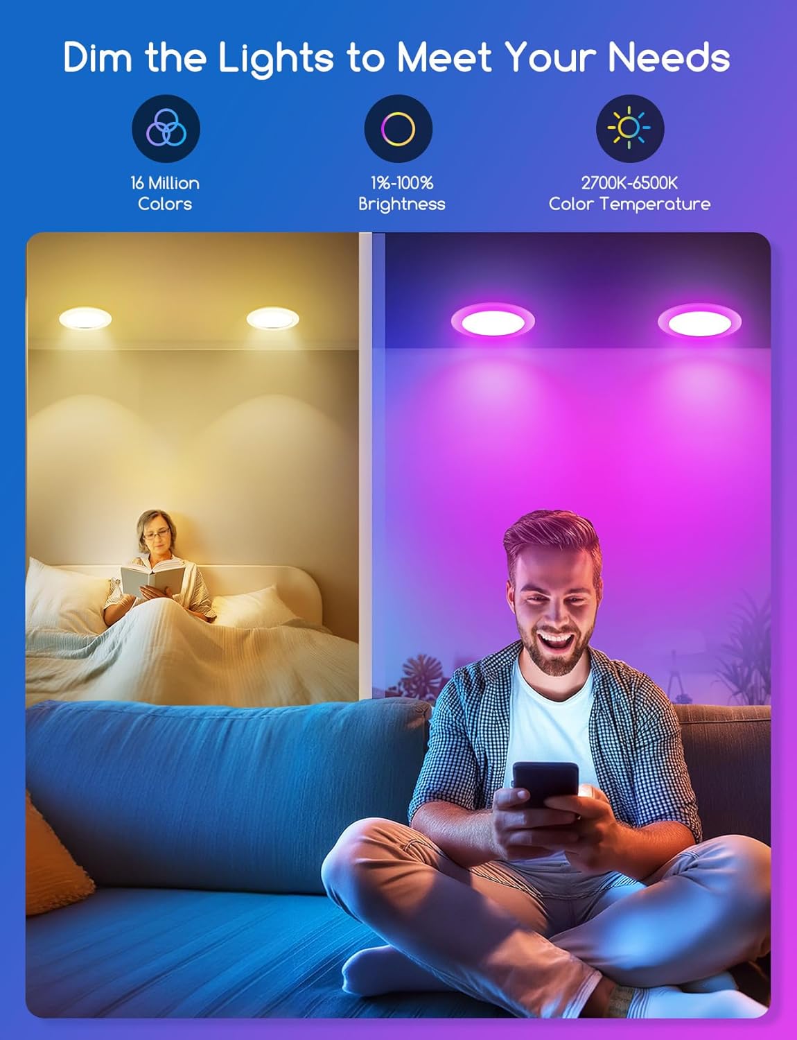 Two scenes demonstrating the dimmable and color-changing capabilities of the Aigostar smart downlight.