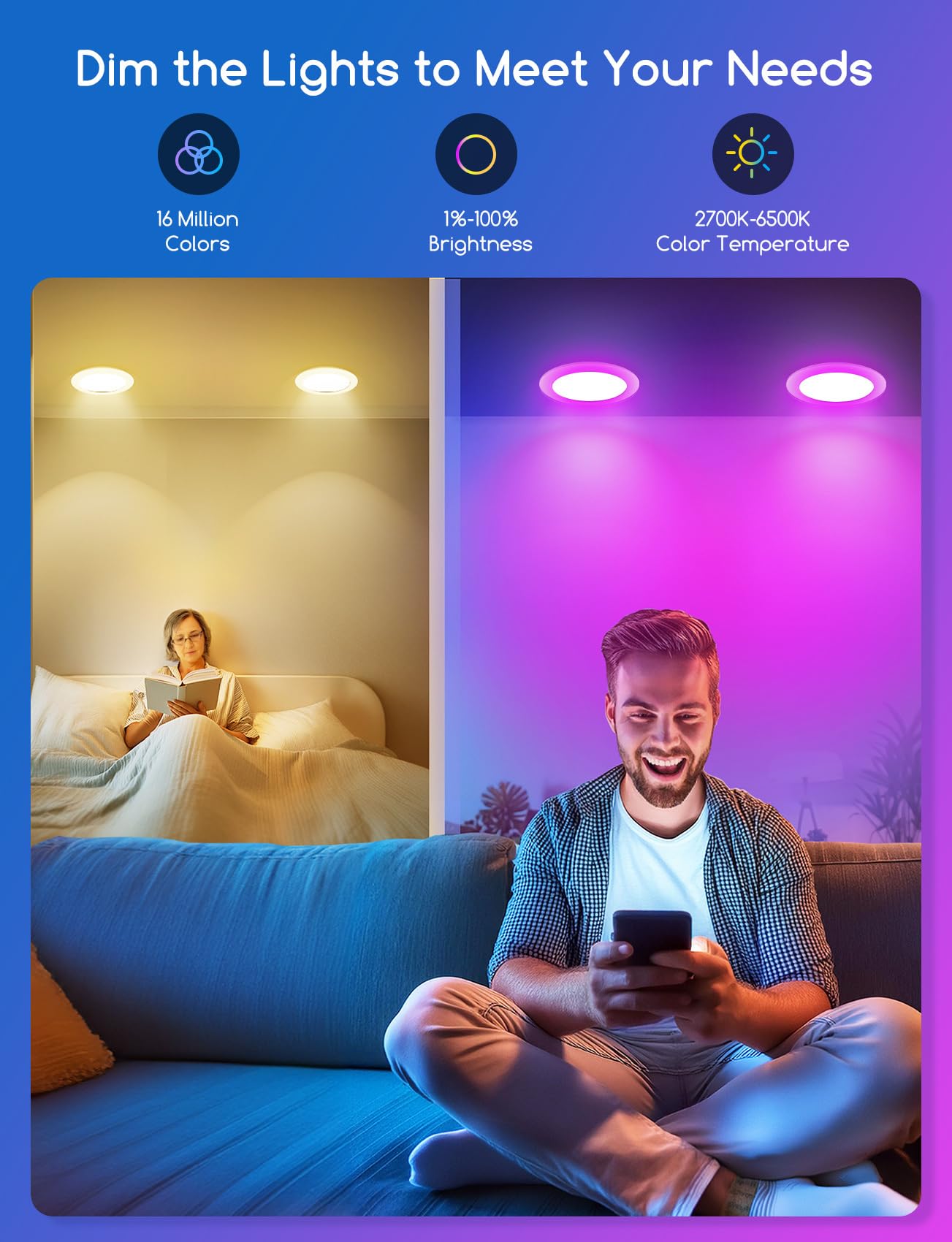 Aigostar Faretti LED da Incasso per Cartongesso 15W, Intelligente Faretto LED Interno Bluetooth Mesh Compatibili con Alexa, Dimmerabile RGB e Bianco Caldo a 2700K-6500K, Ф150-160mm, 4 unità