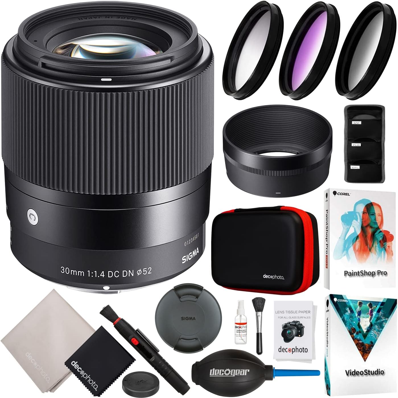 Sigma 30mm F1.4 DC DN Contemporary Lens for Sony E-Mount Mirrorless Cameras 302965 Bundle w/Deco Gear Photography Accessory Kit + 52mm UV Polarizer FLD Filter Set + Photo Video Editing Software