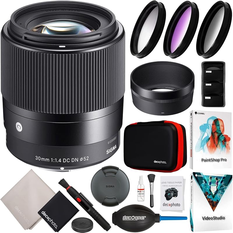 Sigma 30 mm F1.4 DC DN lente contemporánea para cámaras Sony E-Mount sin espejo 302965 paquete con kit de accesorios de fotografía Deco Gear + juego de filtros FLD polarizador UV de 2.047 in + software de edición de vídeo fotográfico