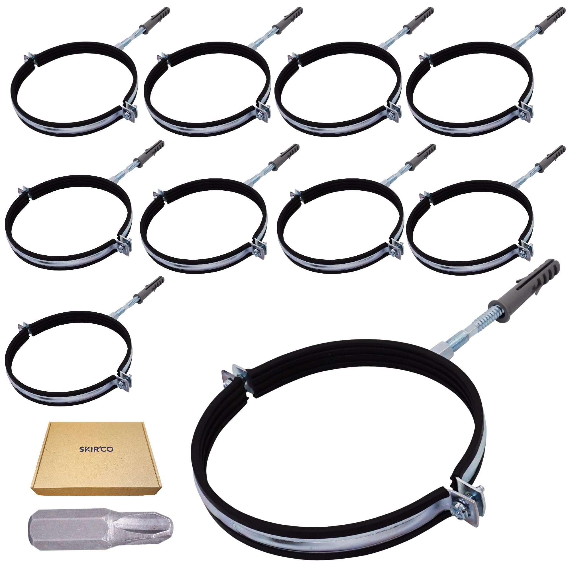 SKIR'CO Lot de 10 supports de tuyau avec garnitures en caoutchouc pour tuyaux de 100 mm, supports de tuyaux pour montage mural et au plafond, colliers de serrage