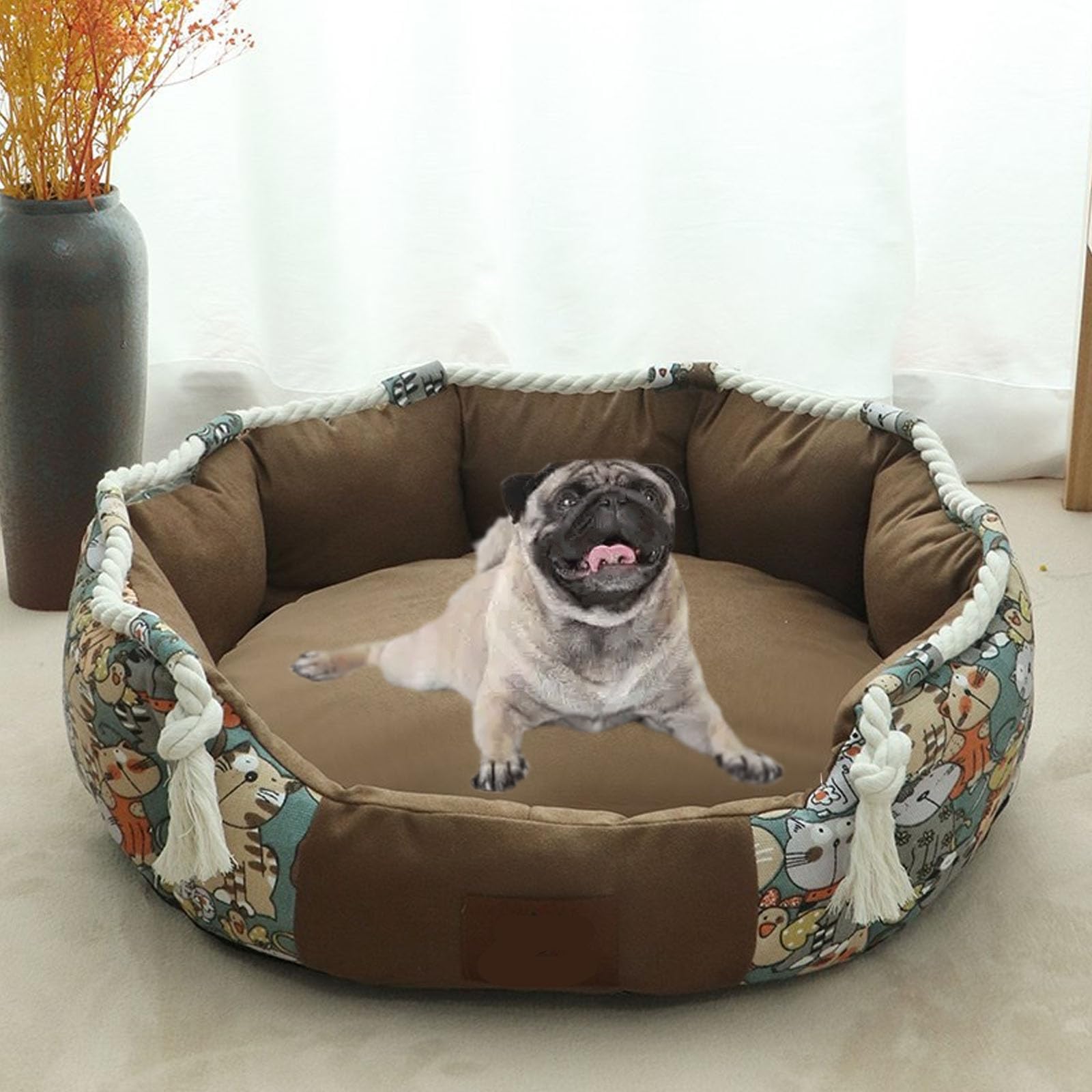 Lindo Sofá Cama para Mascotas, Estético, Suave, Redondo, con Forma De Donut para Gatos De Interior Y Perros Pequeños, Acogedor, Lavable, Antideslizante, Cálido, para Mayor Comodidad,Marrón,M